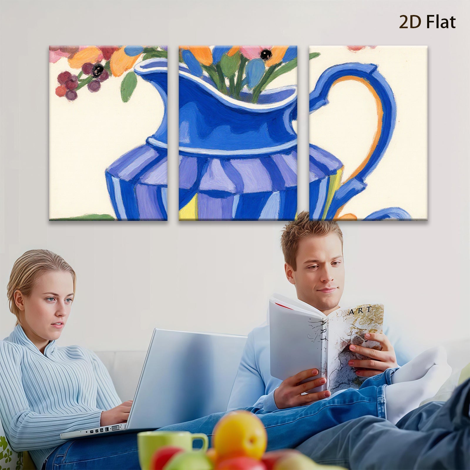 2D flat 1pc vibrant floral pitcher still life farmhouse wall art dining room decor gallery wrapped canvas print modern botanical accent