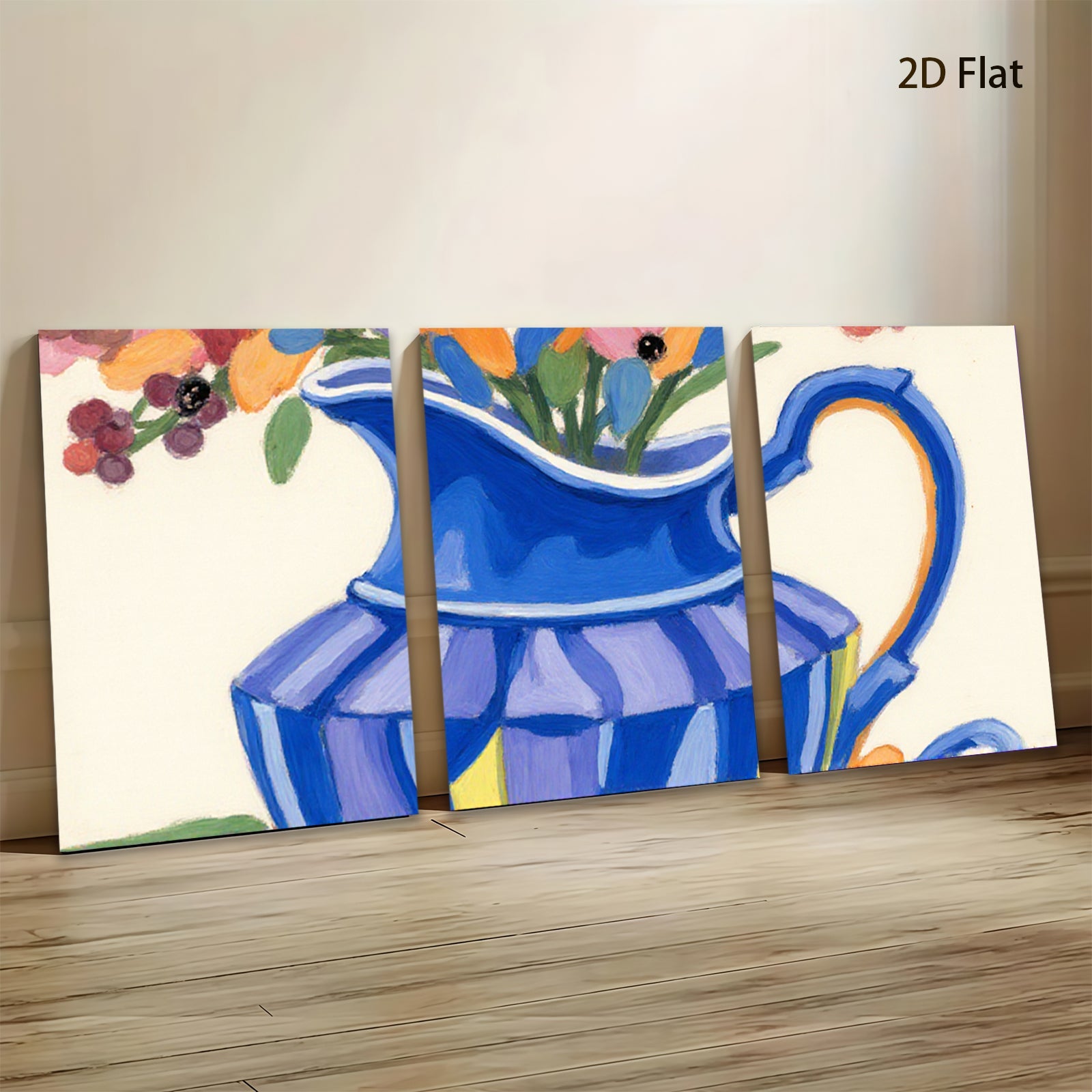2D flat 1pc vibrant floral pitcher still life farmhouse wall art dining room decor gallery wrapped canvas print modern botanical accent