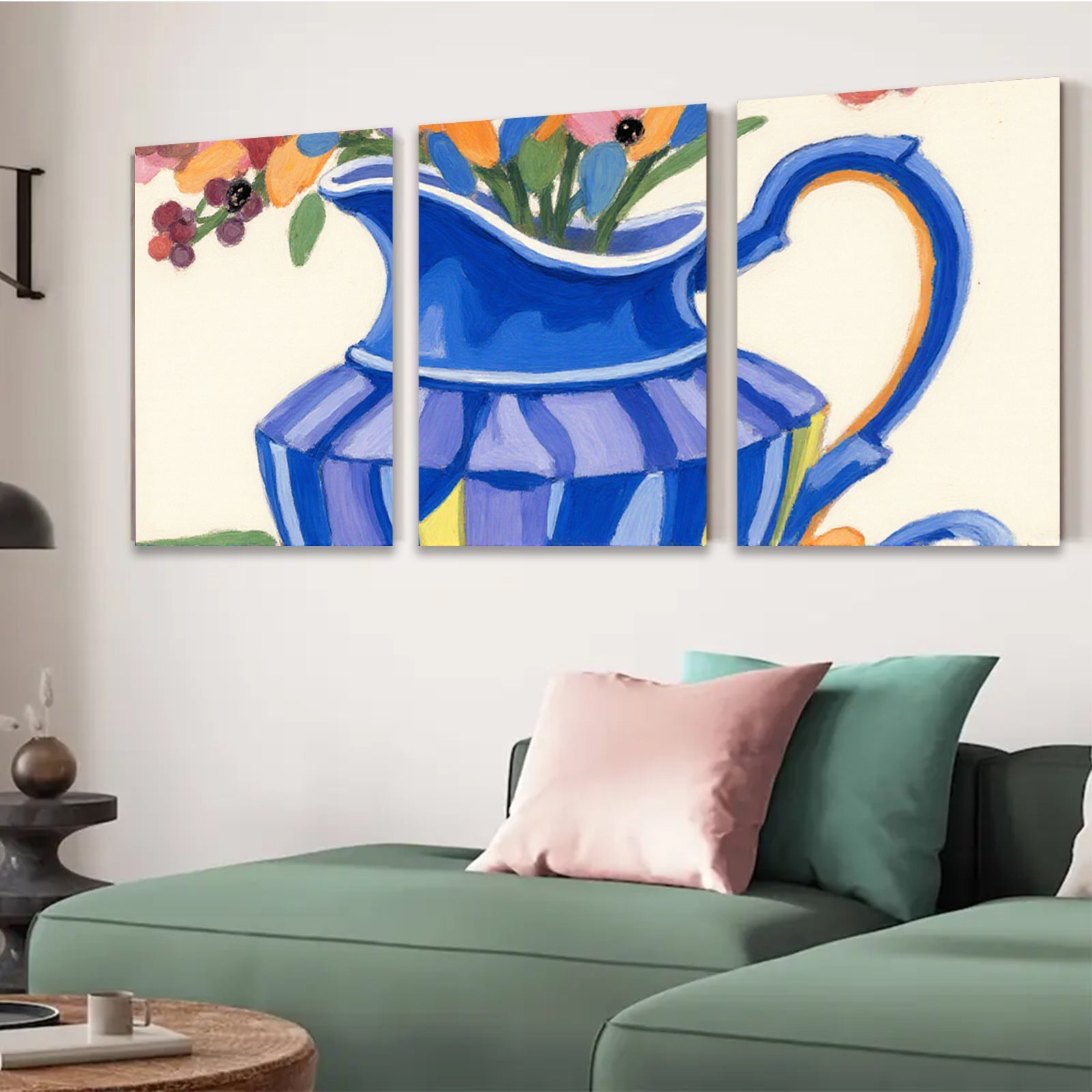 2D flat 1pc vibrant floral pitcher still life farmhouse wall art dining room decor gallery wrapped canvas print modern botanical accent