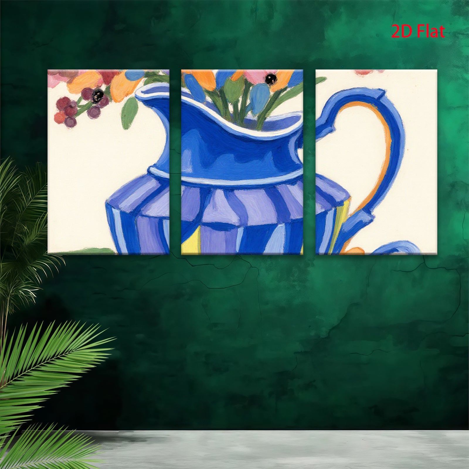 2D flat 1pc vibrant floral pitcher still life farmhouse wall art dining room decor gallery wrapped canvas print modern botanical accent