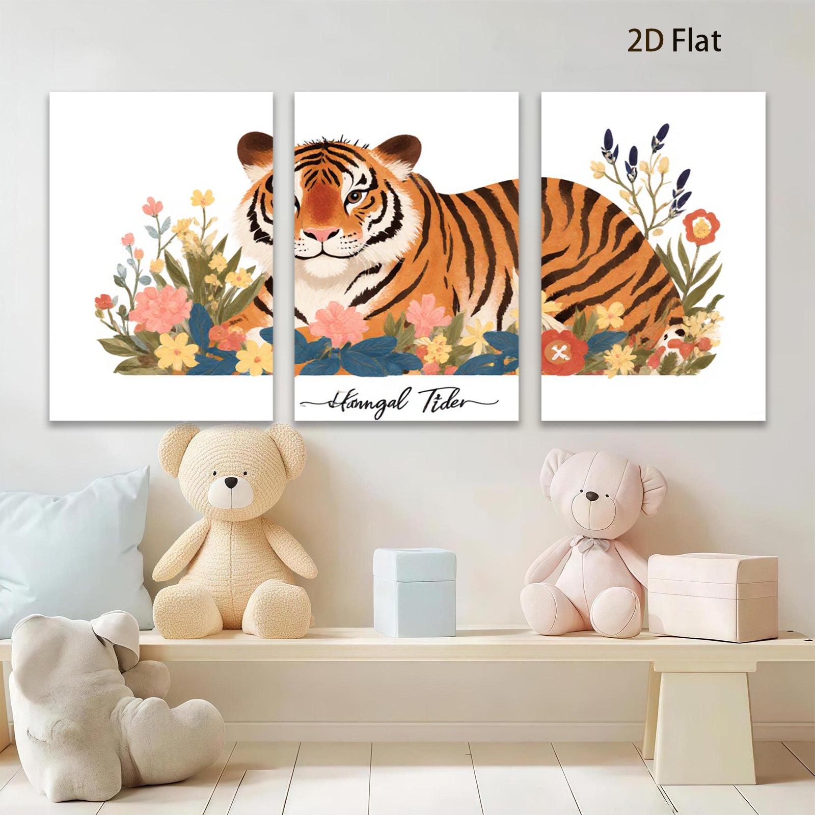 2D flat 1pc vibrant floral tiger artwork modern farmhouse wall decor living room bedroom gallery wrapped canvas print cozy home accents