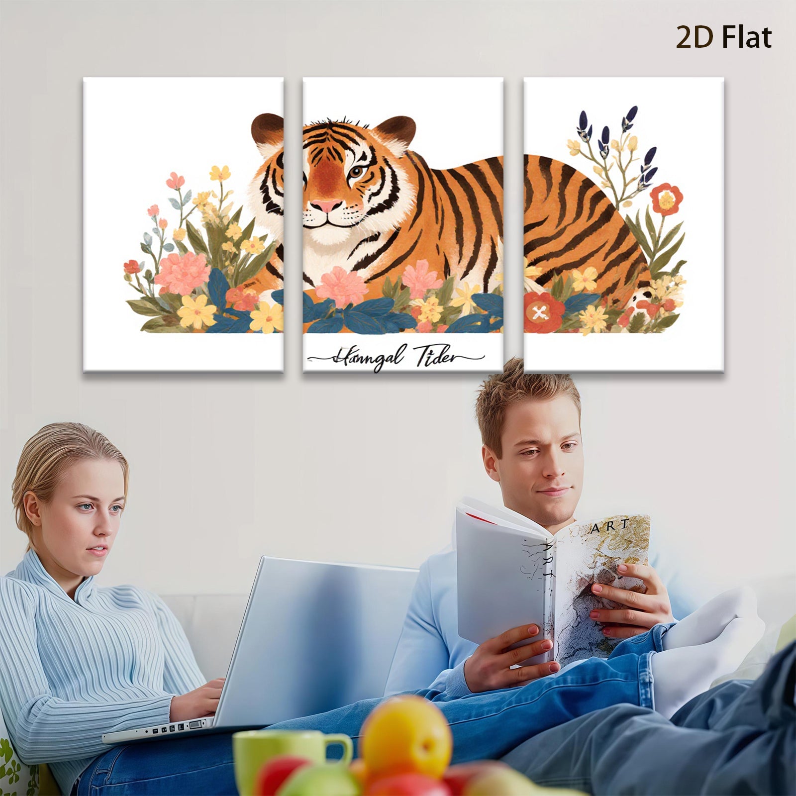 2D flat 1pc vibrant floral tiger artwork modern farmhouse wall decor living room bedroom gallery wrapped canvas print cozy home accents
