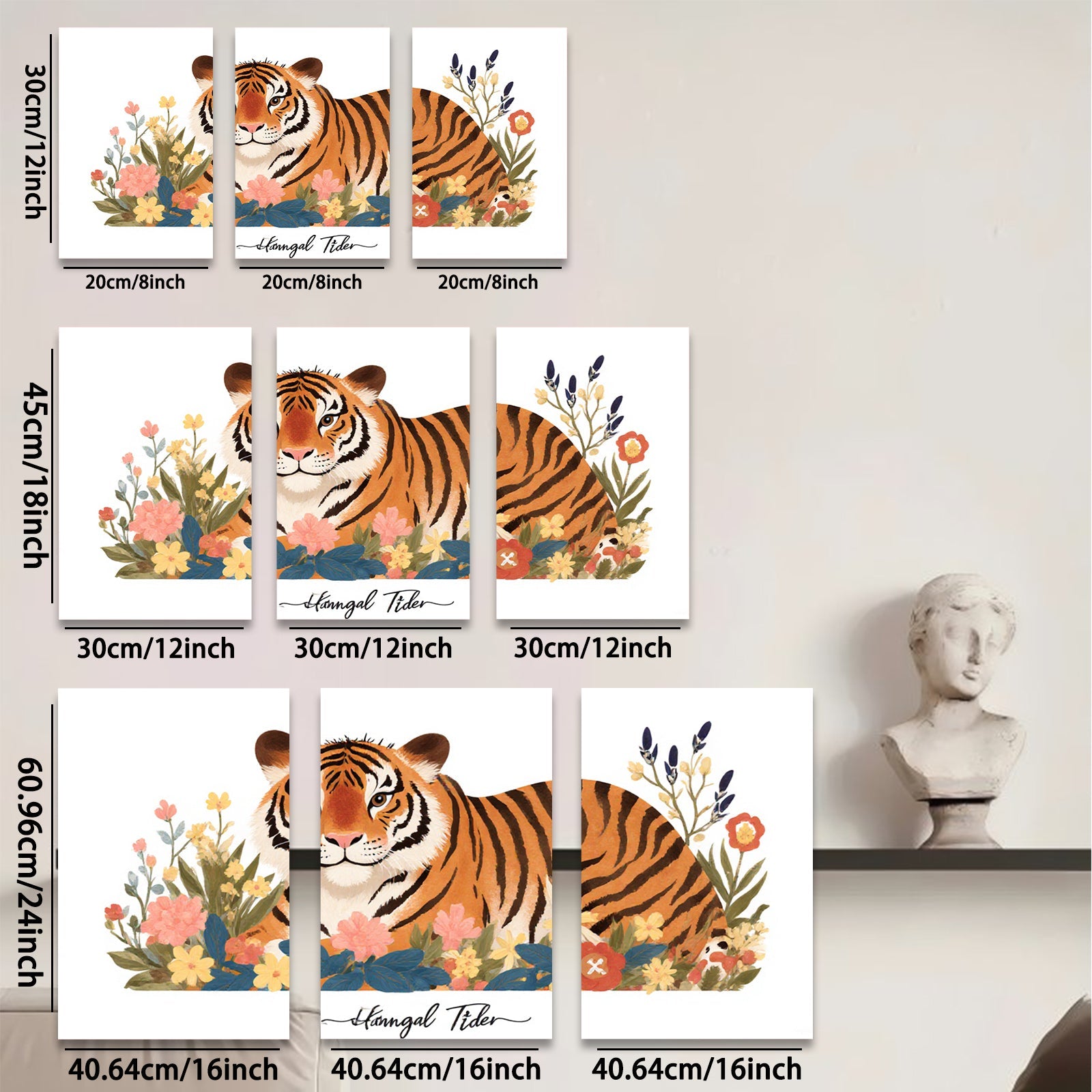 2D flat 1pc vibrant floral tiger artwork modern farmhouse wall decor living room bedroom gallery wrapped canvas print cozy home accents