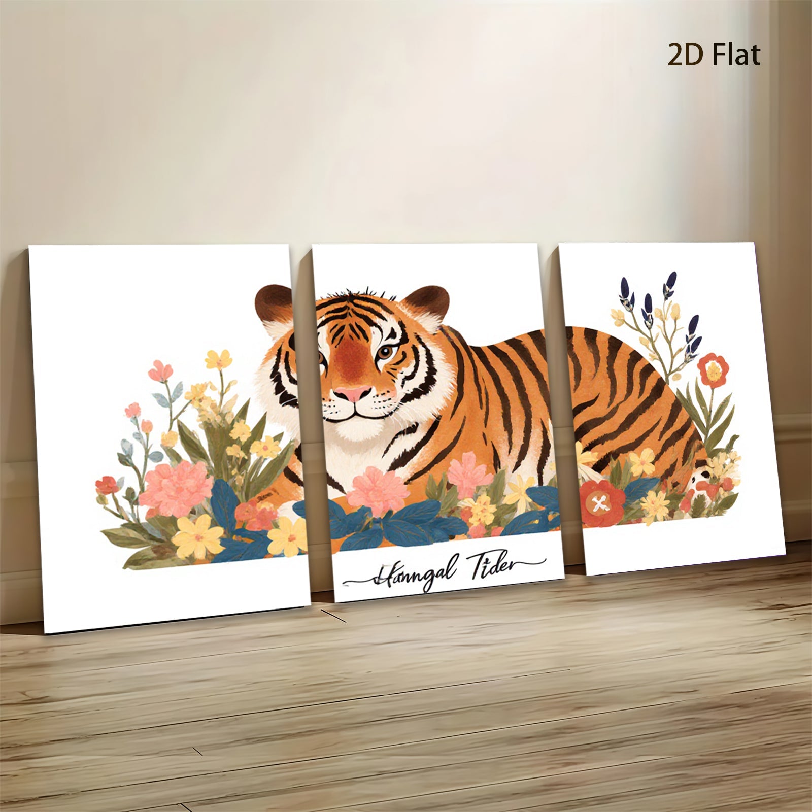 2D flat 1pc vibrant floral tiger artwork modern farmhouse wall decor living room bedroom gallery wrapped canvas print cozy home accents