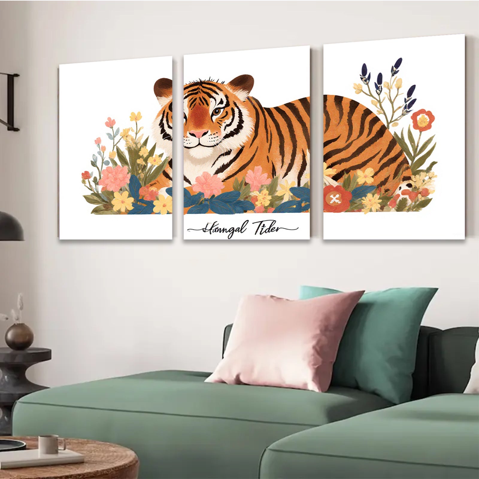 2D flat 1pc vibrant floral tiger artwork modern farmhouse wall decor living room bedroom gallery wrapped canvas print cozy home accents
