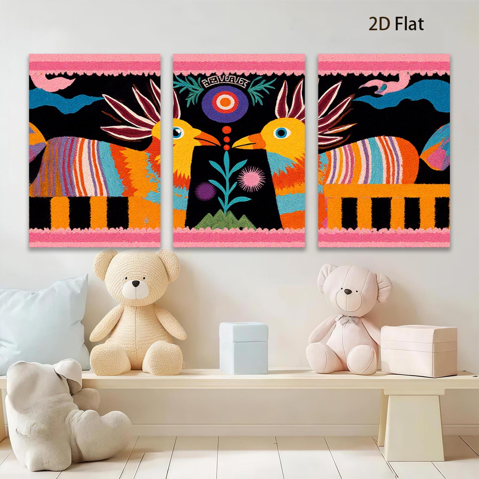 2D flat 1pc vibrant folk art birds botanical wall decor farmhouse living room bedroom gallery wrapped canvas print modern minimalist statement piece