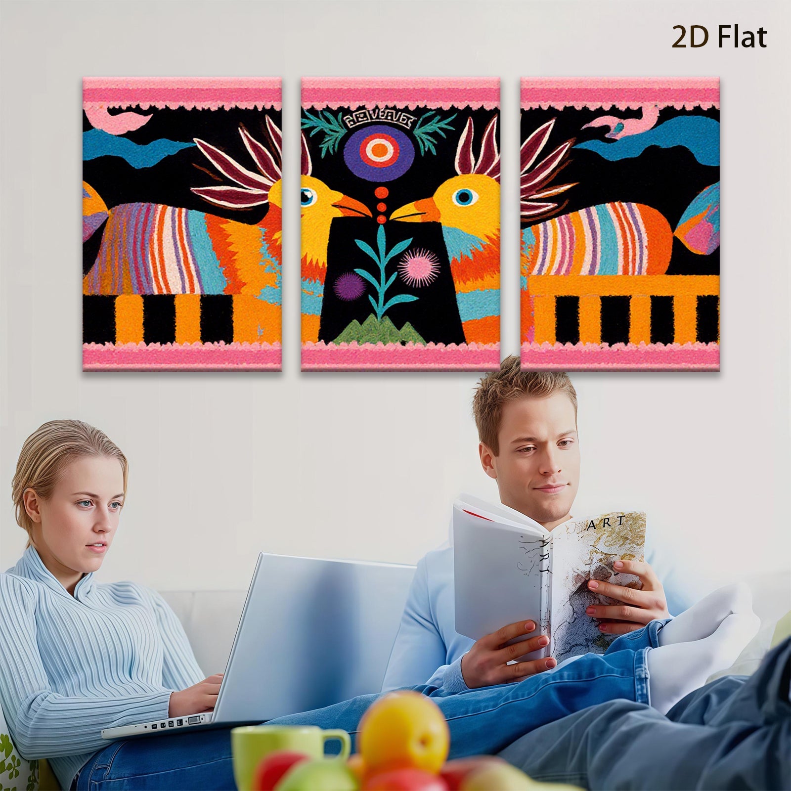 2D flat 1pc vibrant folk art birds botanical wall decor farmhouse living room bedroom gallery wrapped canvas print modern minimalist statement piece