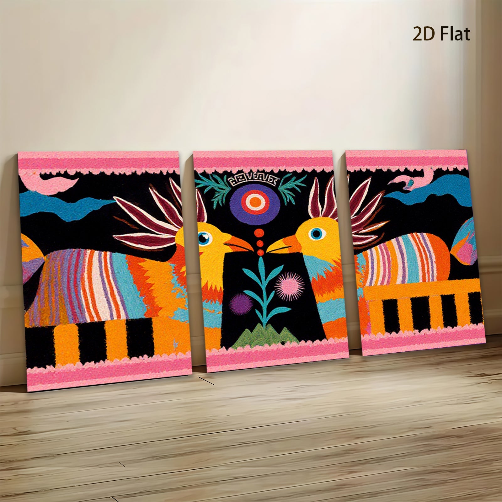 2D flat 1pc vibrant folk art birds botanical wall decor farmhouse living room bedroom gallery wrapped canvas print modern minimalist statement piece