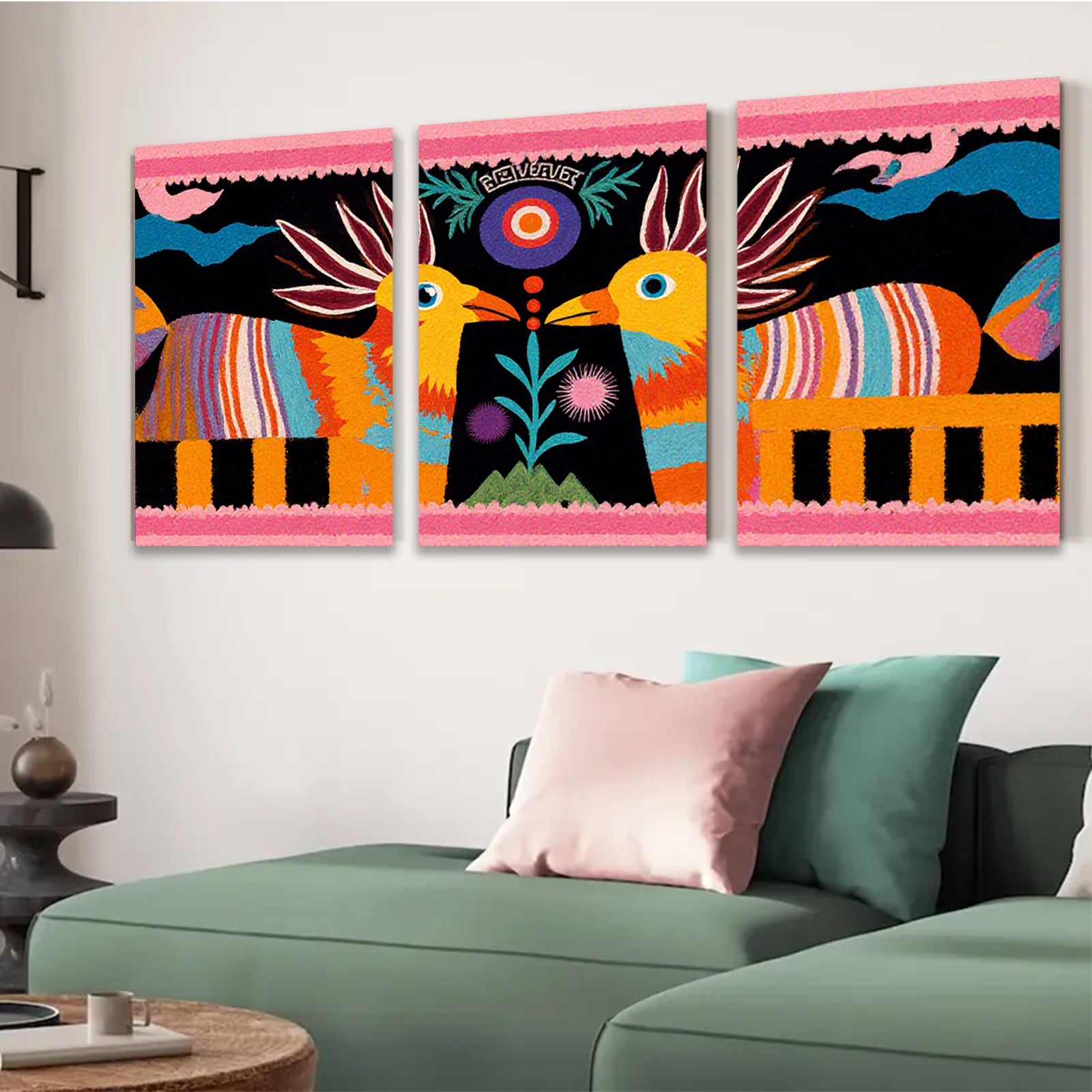 2D flat 1pc vibrant folk art birds botanical wall decor farmhouse living room bedroom gallery wrapped canvas print modern minimalist statement piece