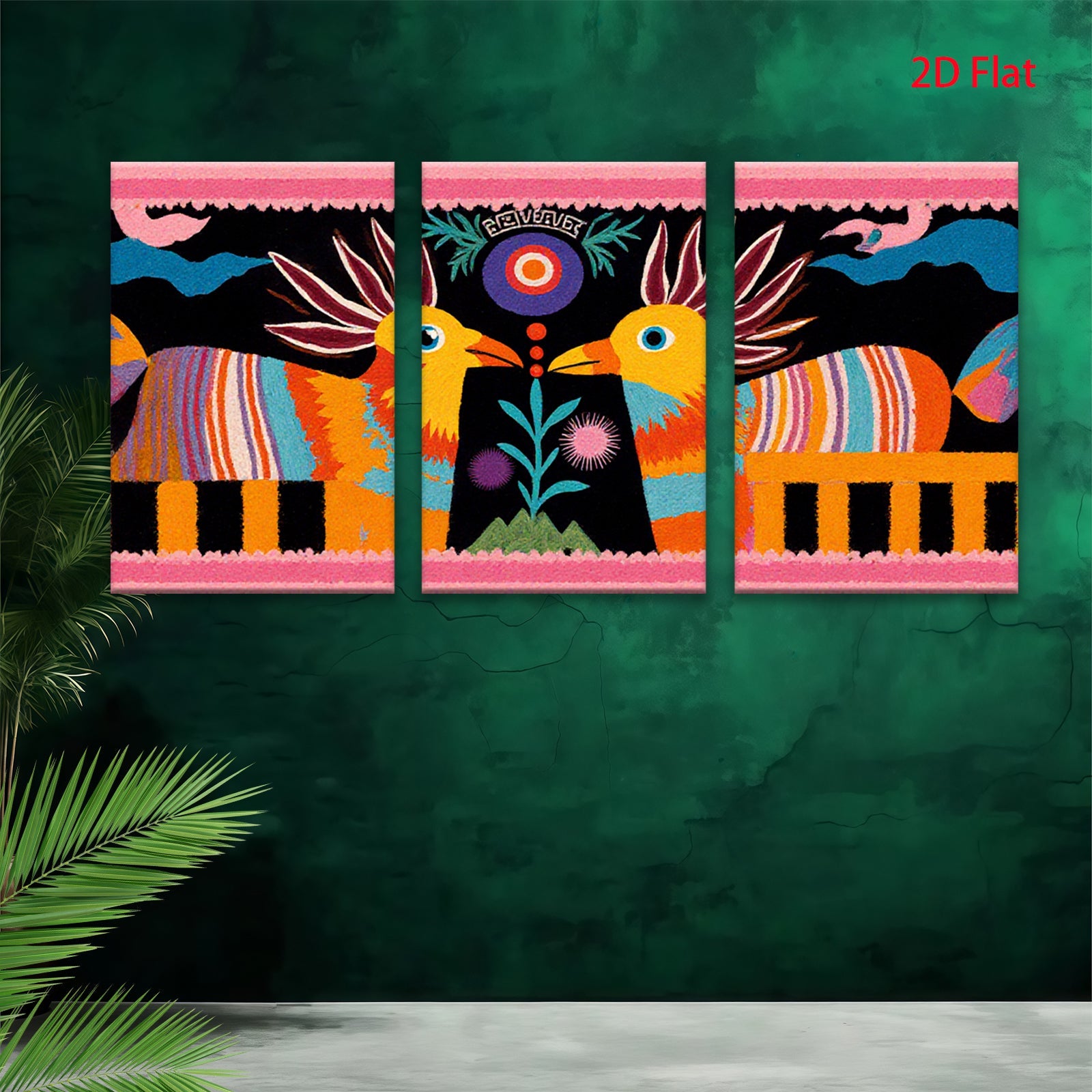 2D flat 1pc vibrant folk art birds botanical wall decor farmhouse living room bedroom gallery wrapped canvas print modern minimalist statement piece