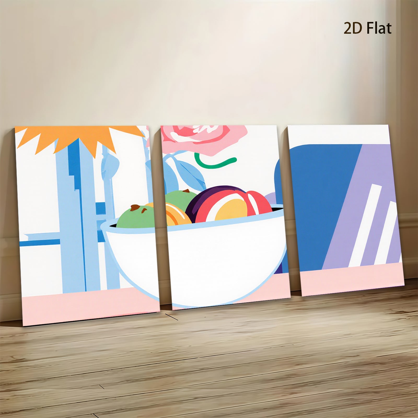 2D flat 1pc vibrant fruit bowl still life modern farmhouse wall art kitchen dining room decor gallery wrapped canvas prints ready to hang floral accents