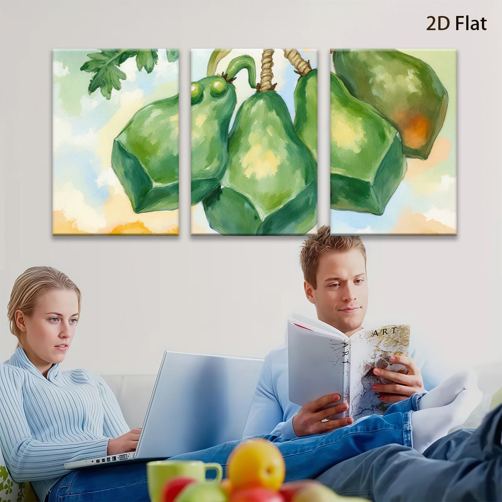2D flat 1pc vibrant green gourds still life botanical wall art farmhouse kitchen dining room d��cor gallery wrapped canvas print modern minimalist