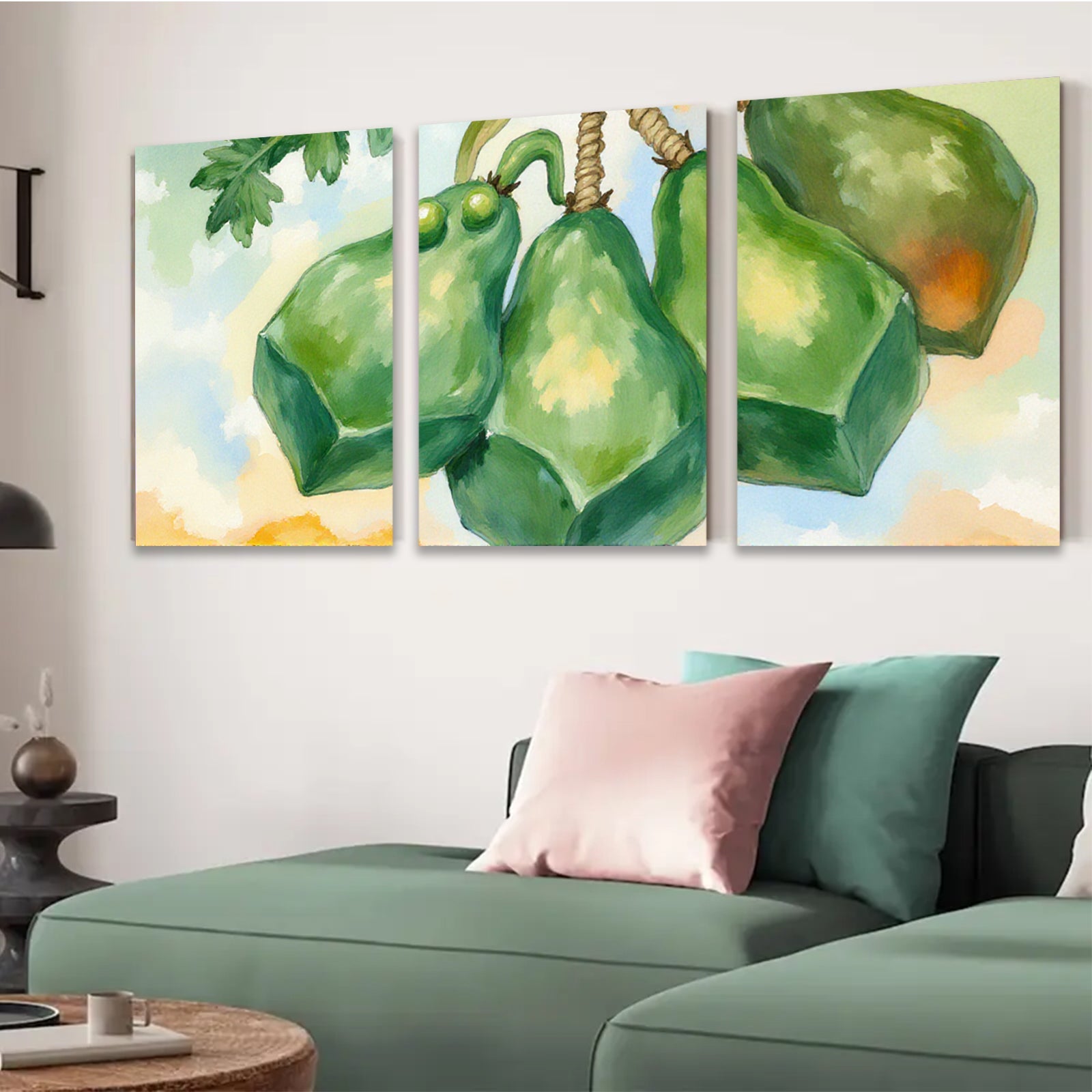 2D flat 1pc vibrant green gourds still life botanical wall art farmhouse kitchen dining room d��cor gallery wrapped canvas print modern minimalist