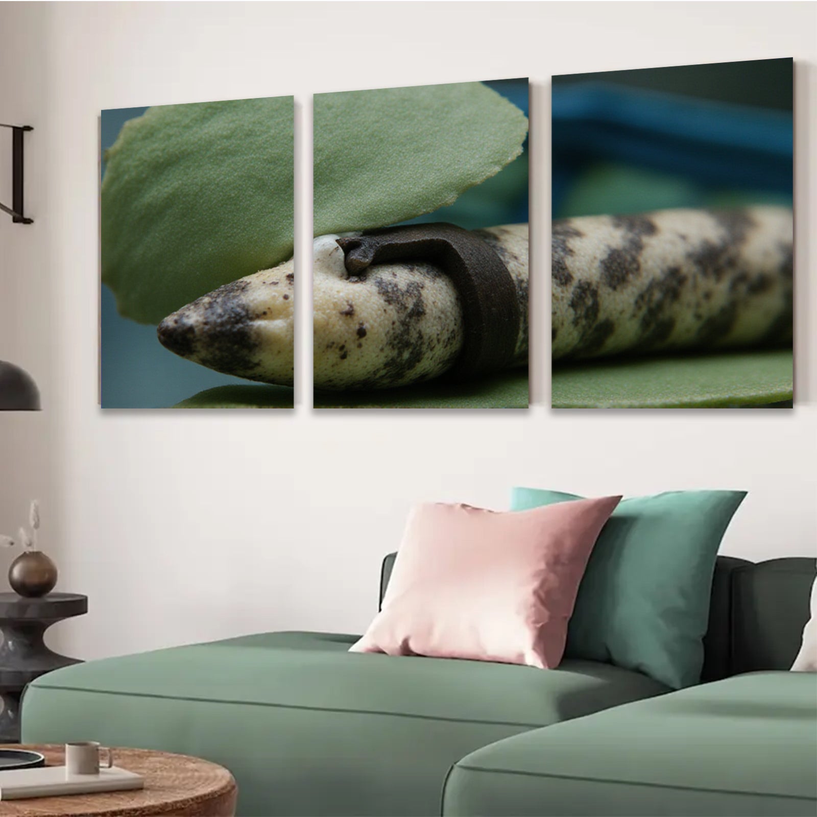 2D flat 1pc vibrant green leaf embraces speckled snake whimsical nature wall art living room bedroom decor farmhouse style gallery wrapped canvas prints modern minimalist aesthetic