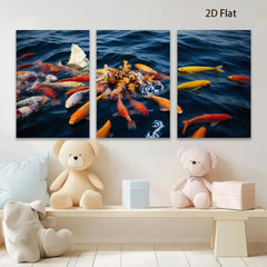 2D flat 1pc vibrant koi fish feeding frenzy wall art for living room bedroom modern farmhouse gallery wrapped canvas print teal accents trending now