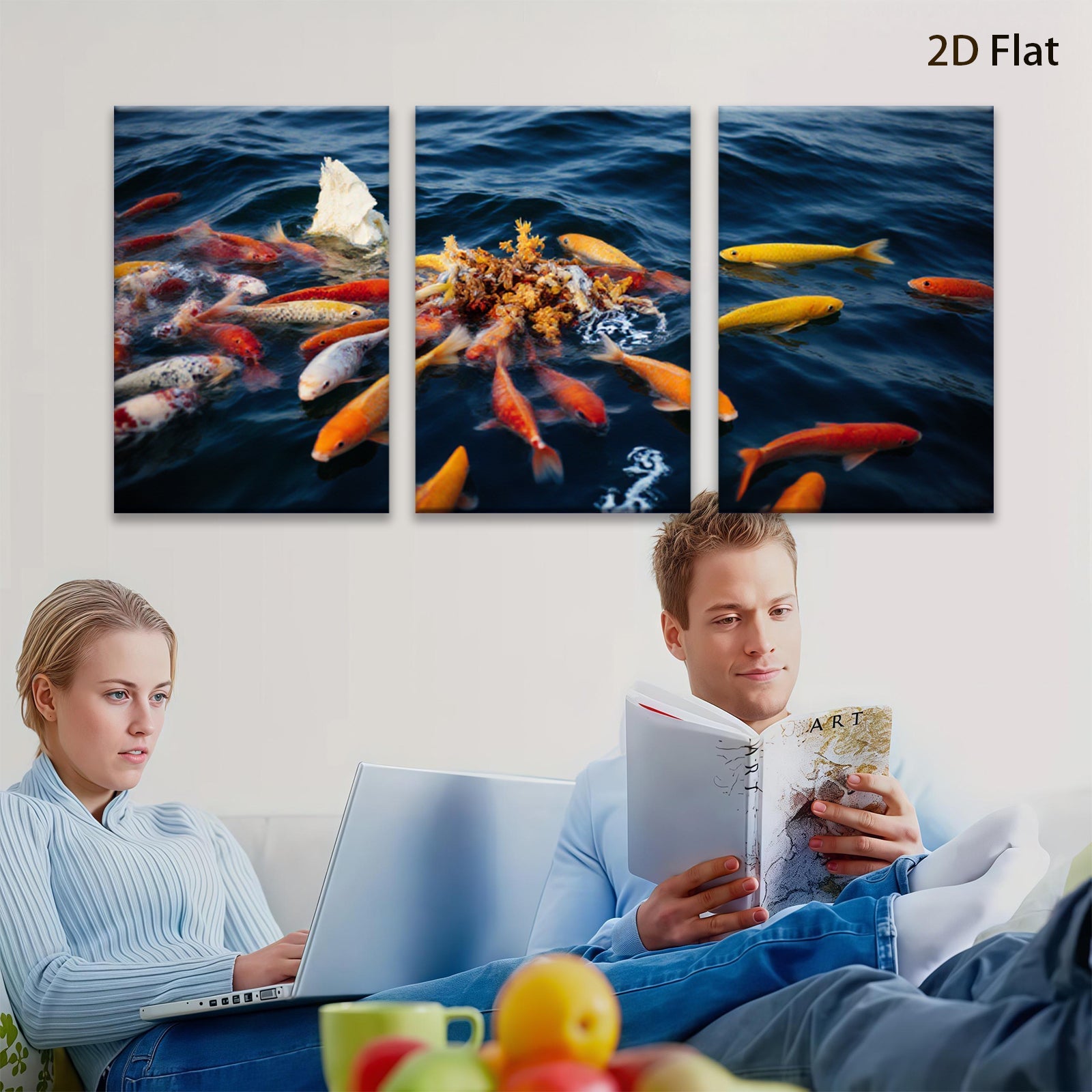 2D flat 1pc vibrant koi fish feeding frenzy wall art for living room bedroom modern farmhouse gallery wrapped canvas print teal accents trending now