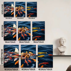 2D flat 1pc vibrant koi fish feeding frenzy wall art for living room bedroom modern farmhouse gallery wrapped canvas print teal accents trending now