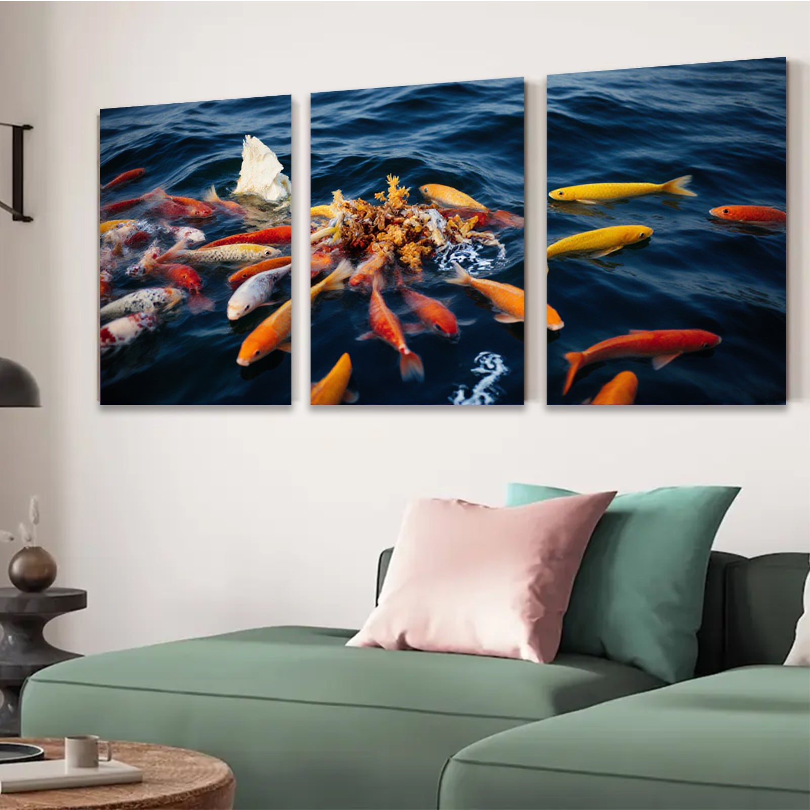 2D flat 1pc vibrant koi fish feeding frenzy wall art for living room bedroom modern farmhouse gallery wrapped canvas print teal accents trending now