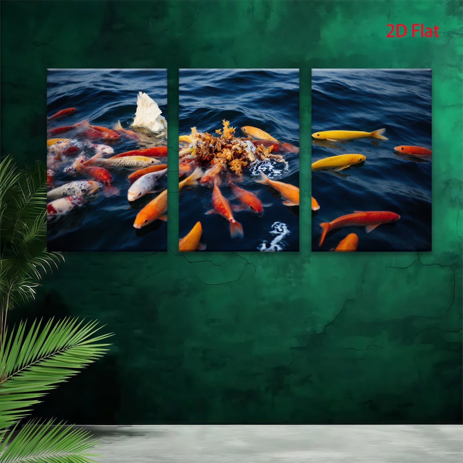 2D flat 1pc vibrant koi fish feeding frenzy wall art for living room bedroom modern farmhouse gallery wrapped canvas print teal accents trending now