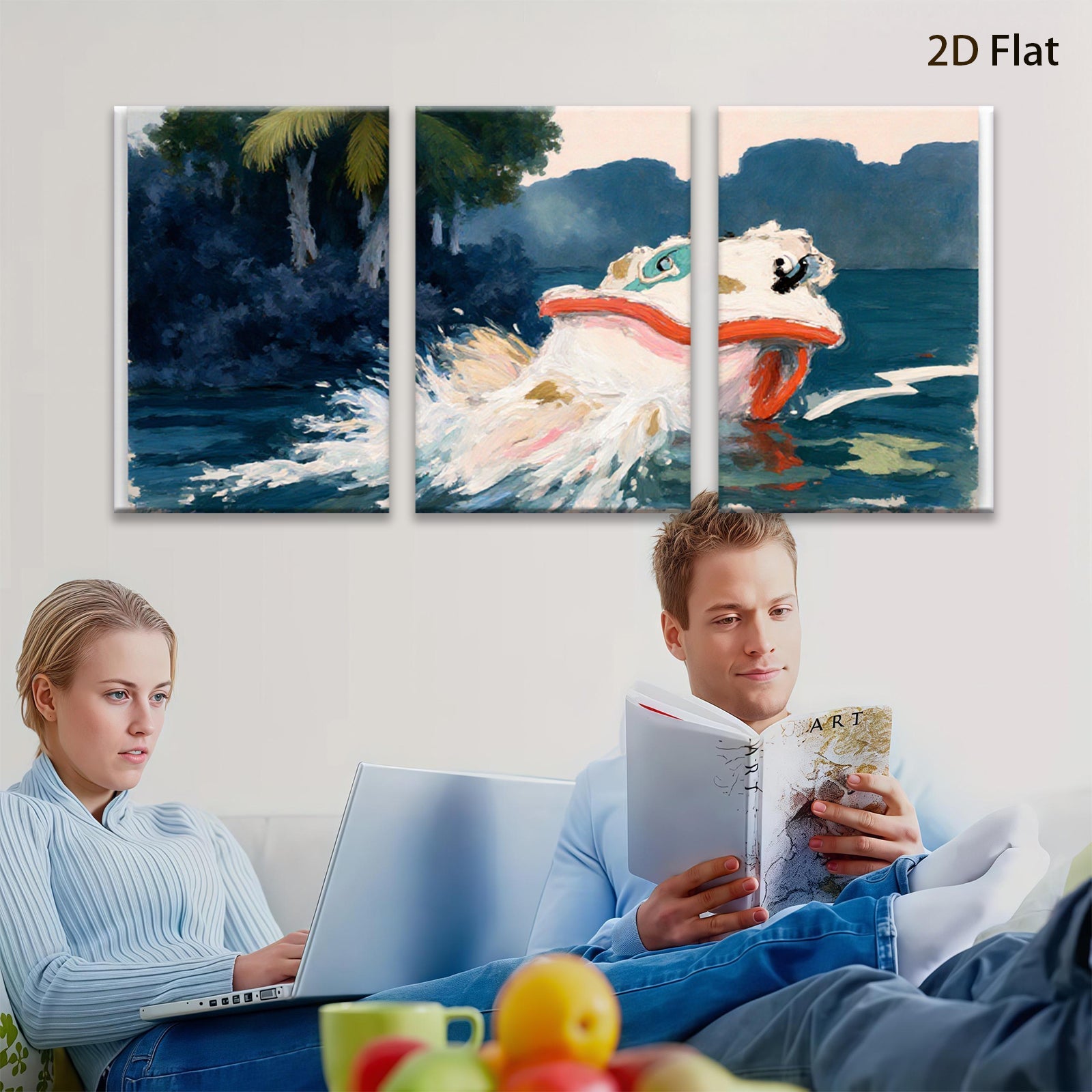 2D flat 1pc vibrant koi fish swimming amongst waves coastal wall decor living room bedroom gallery wrapped canvas print modern farmhouse style