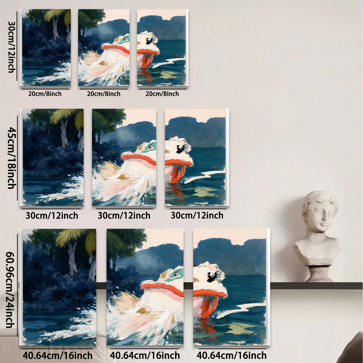 2D flat 1pc vibrant koi fish swimming amongst waves coastal wall decor living room bedroom gallery wrapped canvas print modern farmhouse style
