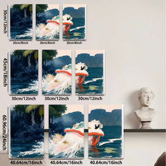 2D flat 1pc vibrant koi fish swimming amongst waves coastal wall decor living room bedroom gallery wrapped canvas print modern farmhouse style