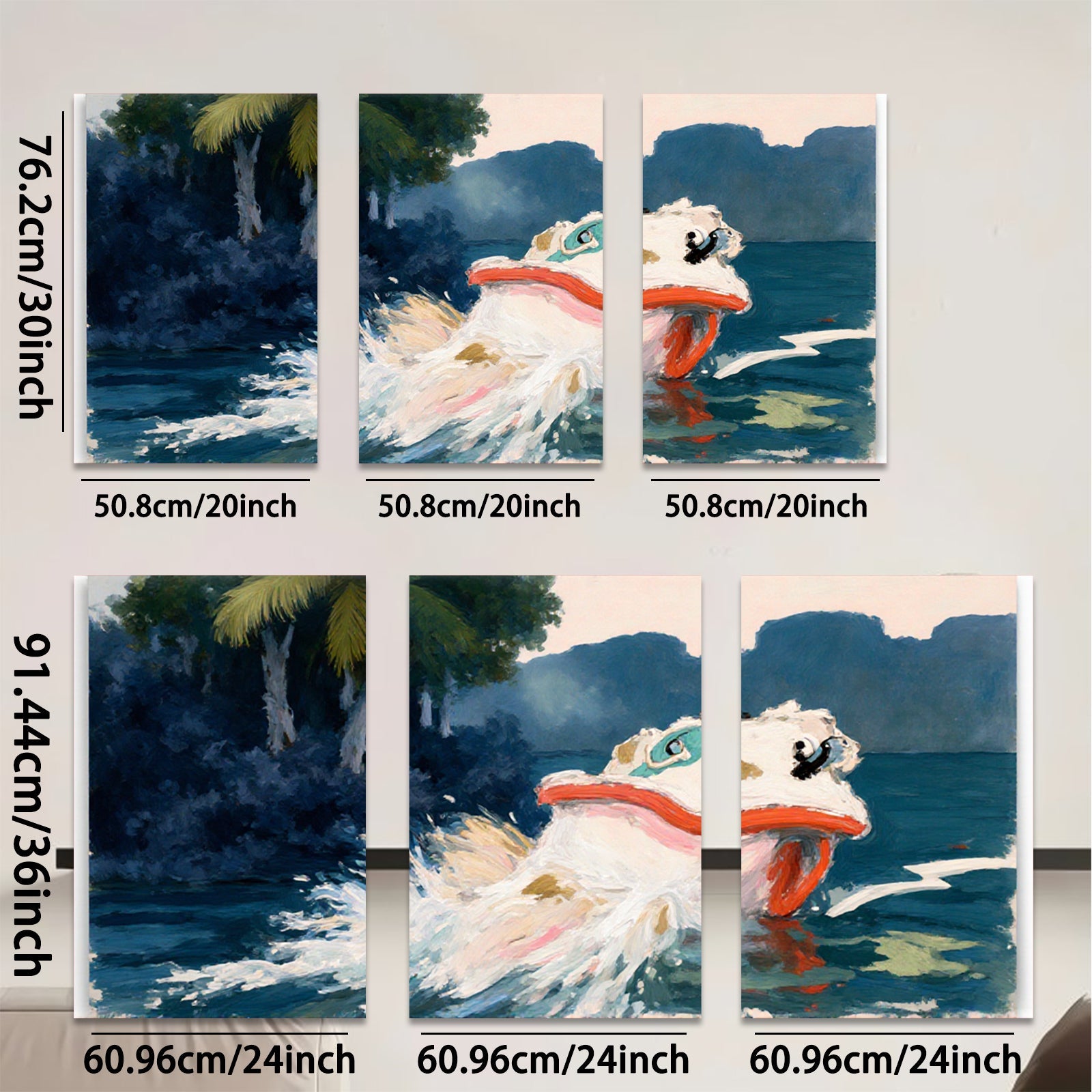 2D flat 1pc vibrant koi fish swimming amongst waves coastal wall decor living room bedroom gallery wrapped canvas print modern farmhouse style