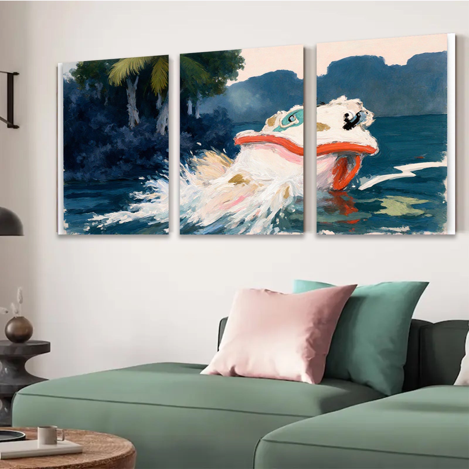 2D flat 1pc vibrant koi fish swimming amongst waves coastal wall decor living room bedroom gallery wrapped canvas print modern farmhouse style