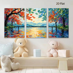 2D flat 1pc vibrant lakeside bridge painting wall art for living room bedroom home decor farmhouse style modern canvas prints ready to hang inspirational gift idea