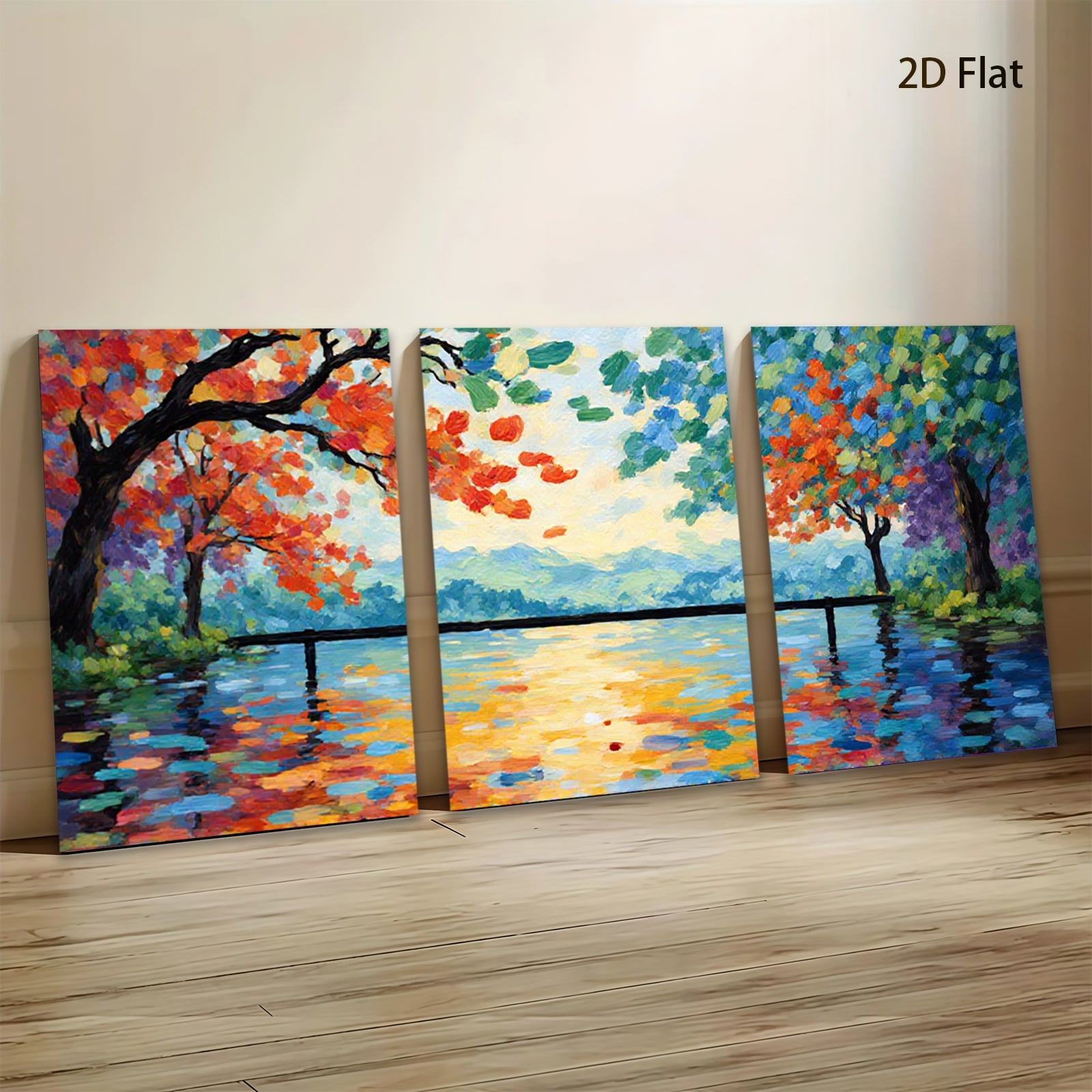 2D flat 1pc vibrant lakeside bridge painting wall art for living room bedroom home decor farmhouse style modern canvas prints ready to hang inspirational gift idea