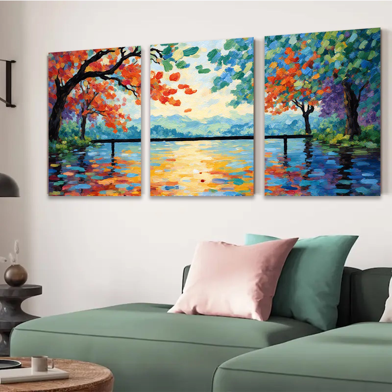 2D flat 1pc vibrant lakeside bridge painting wall art for living room bedroom home decor farmhouse style modern canvas prints ready to hang inspirational gift idea