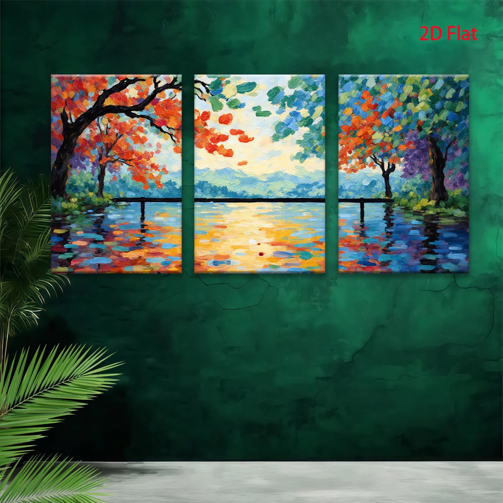 2D flat 1pc vibrant lakeside bridge painting wall art for living room bedroom home decor farmhouse style modern canvas prints ready to hang inspirational gift idea