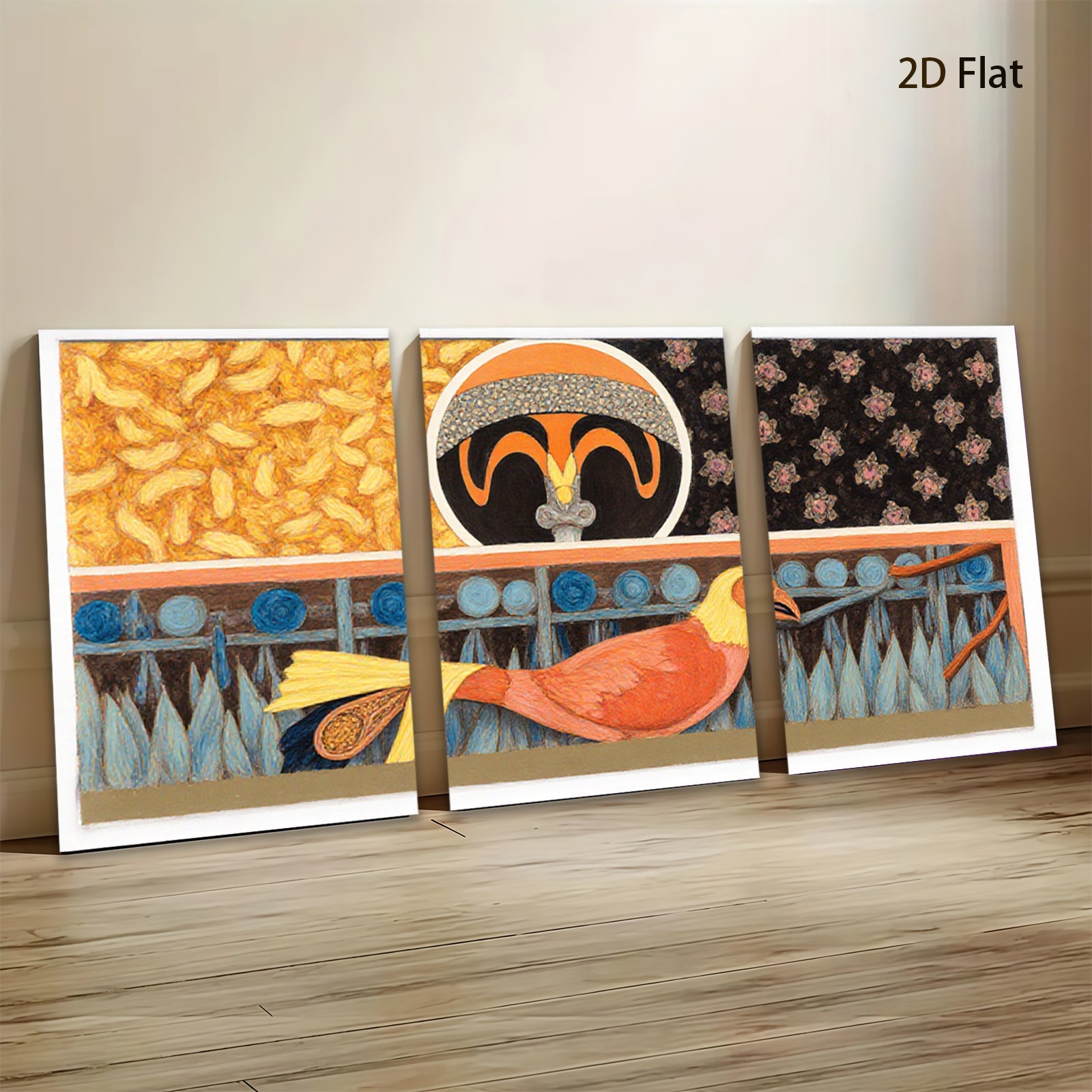 2D flat 1pc vibrant orange bird portrait whimsical folk art wall decor living room bedroom gallery wrapped canvas farmhouse style