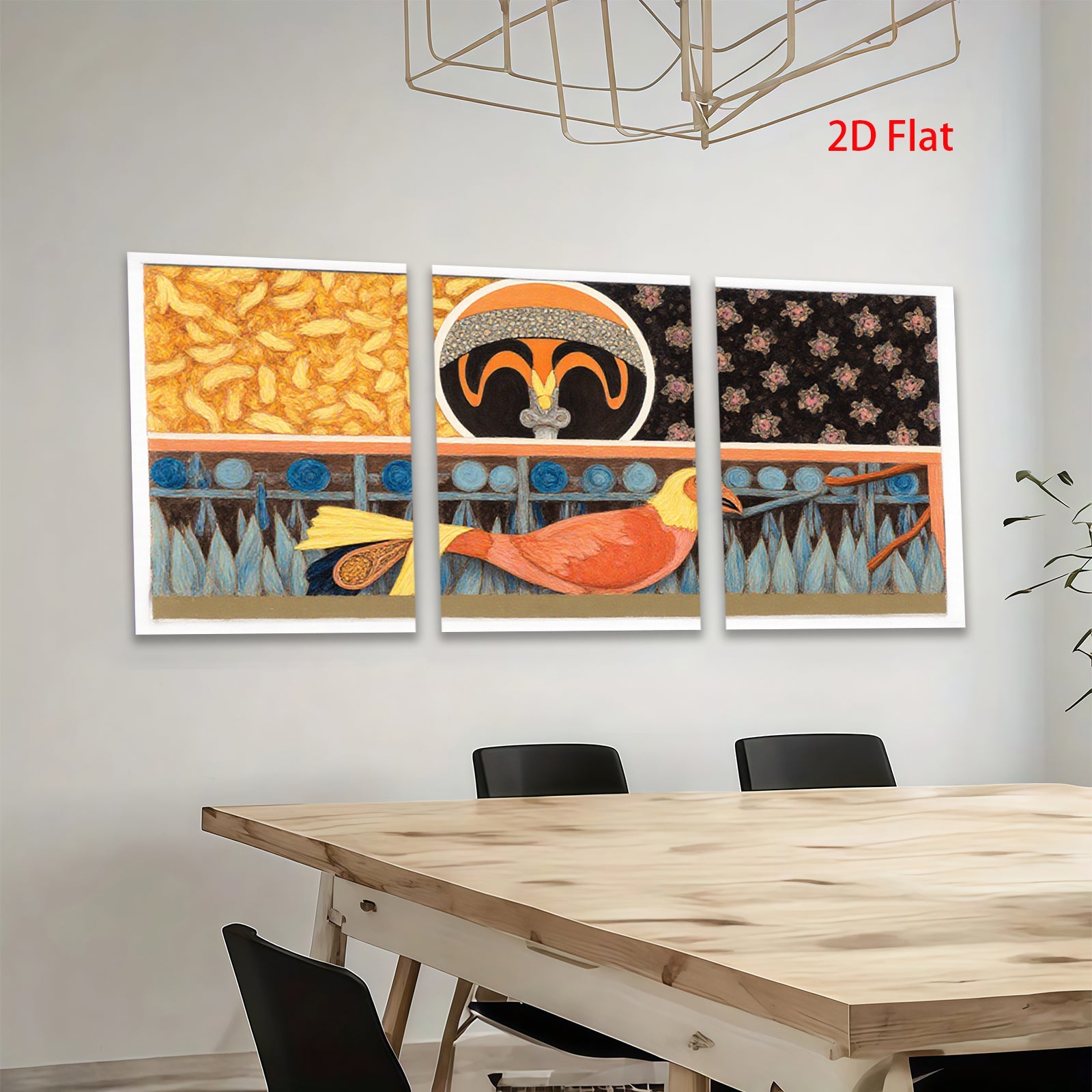 2D flat 1pc vibrant orange bird portrait whimsical folk art wall decor living room bedroom gallery wrapped canvas farmhouse style