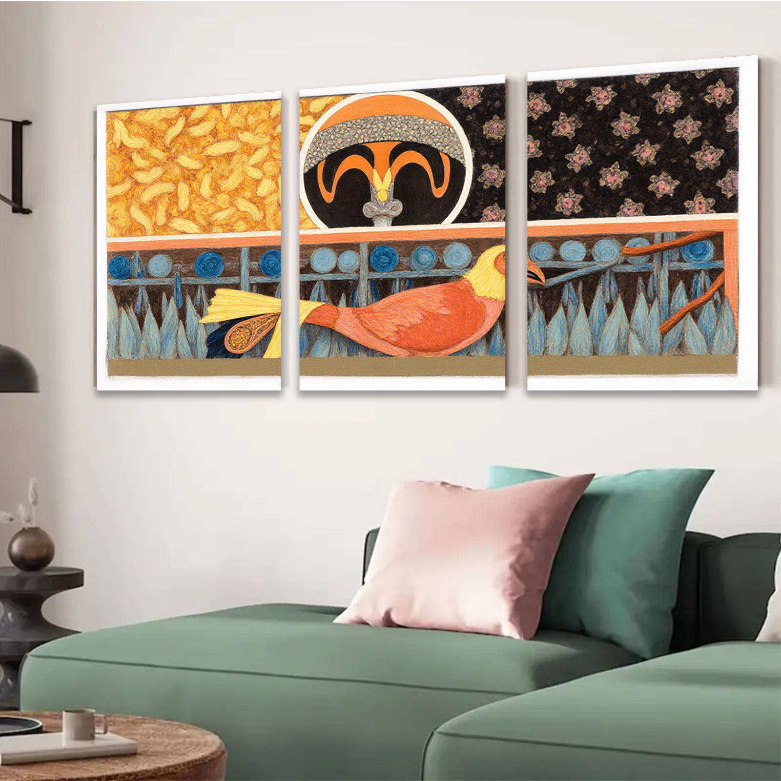 2D flat 1pc vibrant orange bird portrait whimsical folk art wall decor living room bedroom gallery wrapped canvas farmhouse style