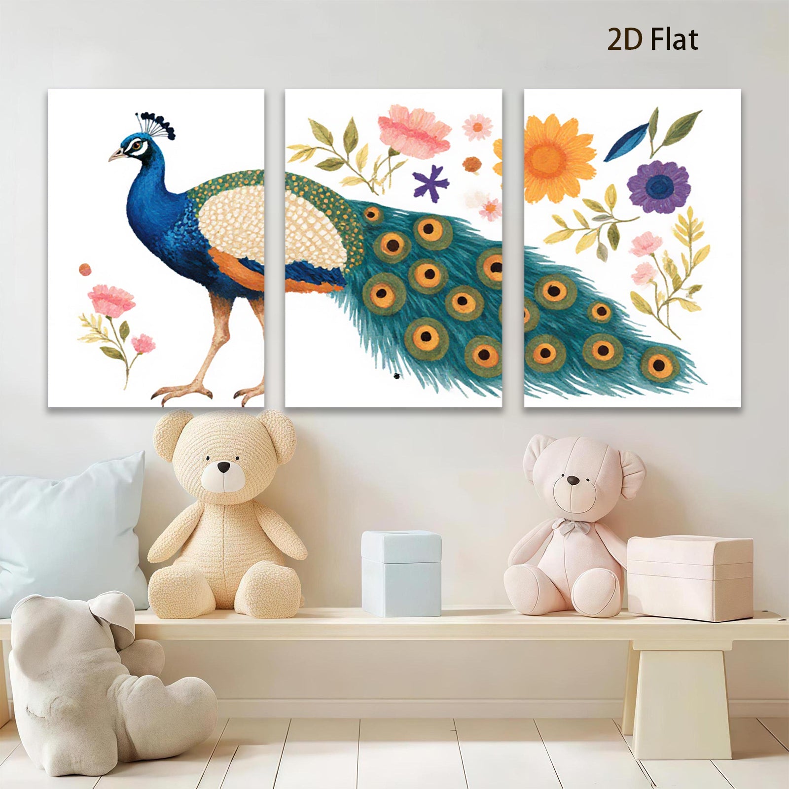 2D flat 1pc vibrant peacock botanical wall art canvas prints for living room bedroom home decor farmhouse style gallery wrapped ready to hang