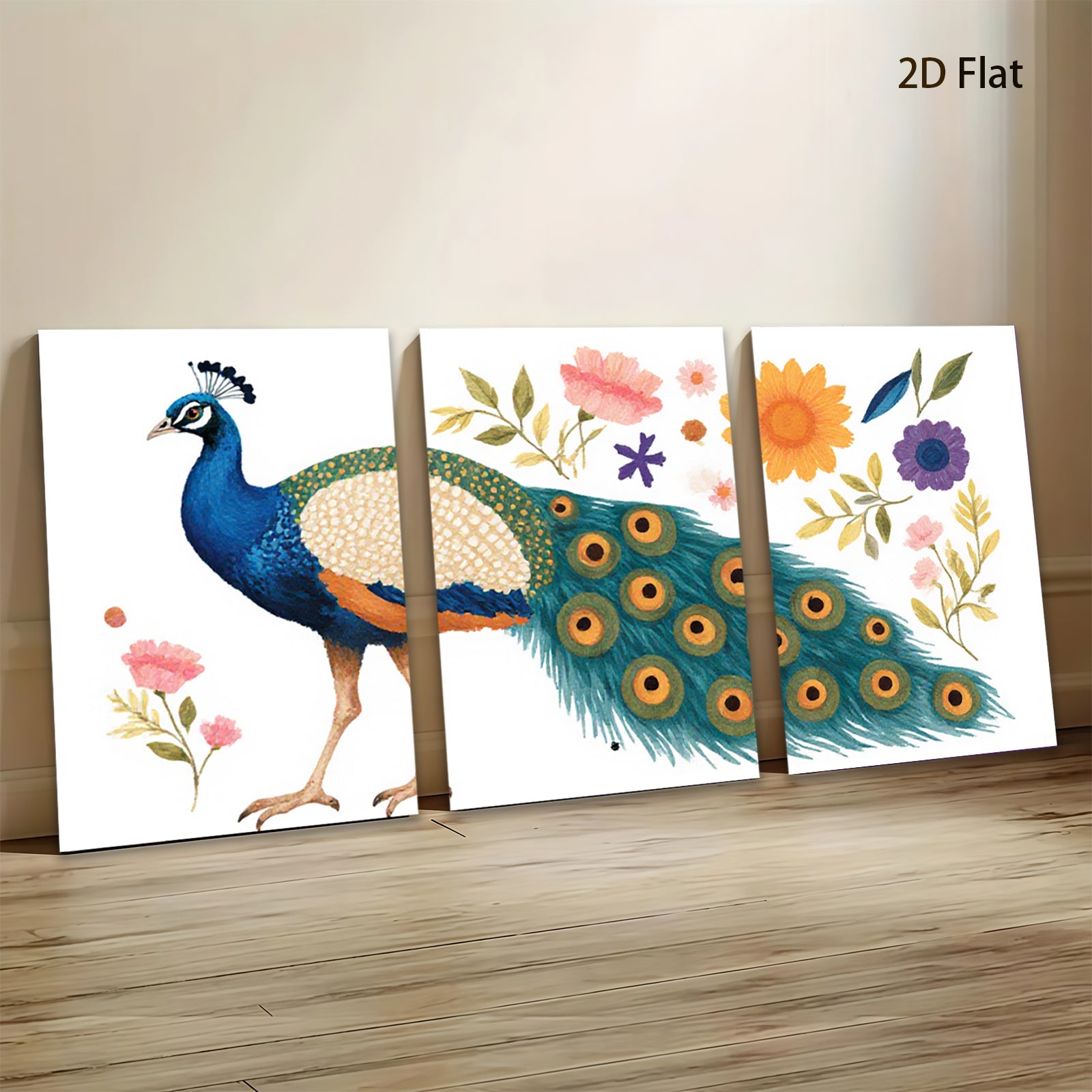 2D flat 1pc vibrant peacock botanical wall art canvas prints for living room bedroom home decor farmhouse style gallery wrapped ready to hang