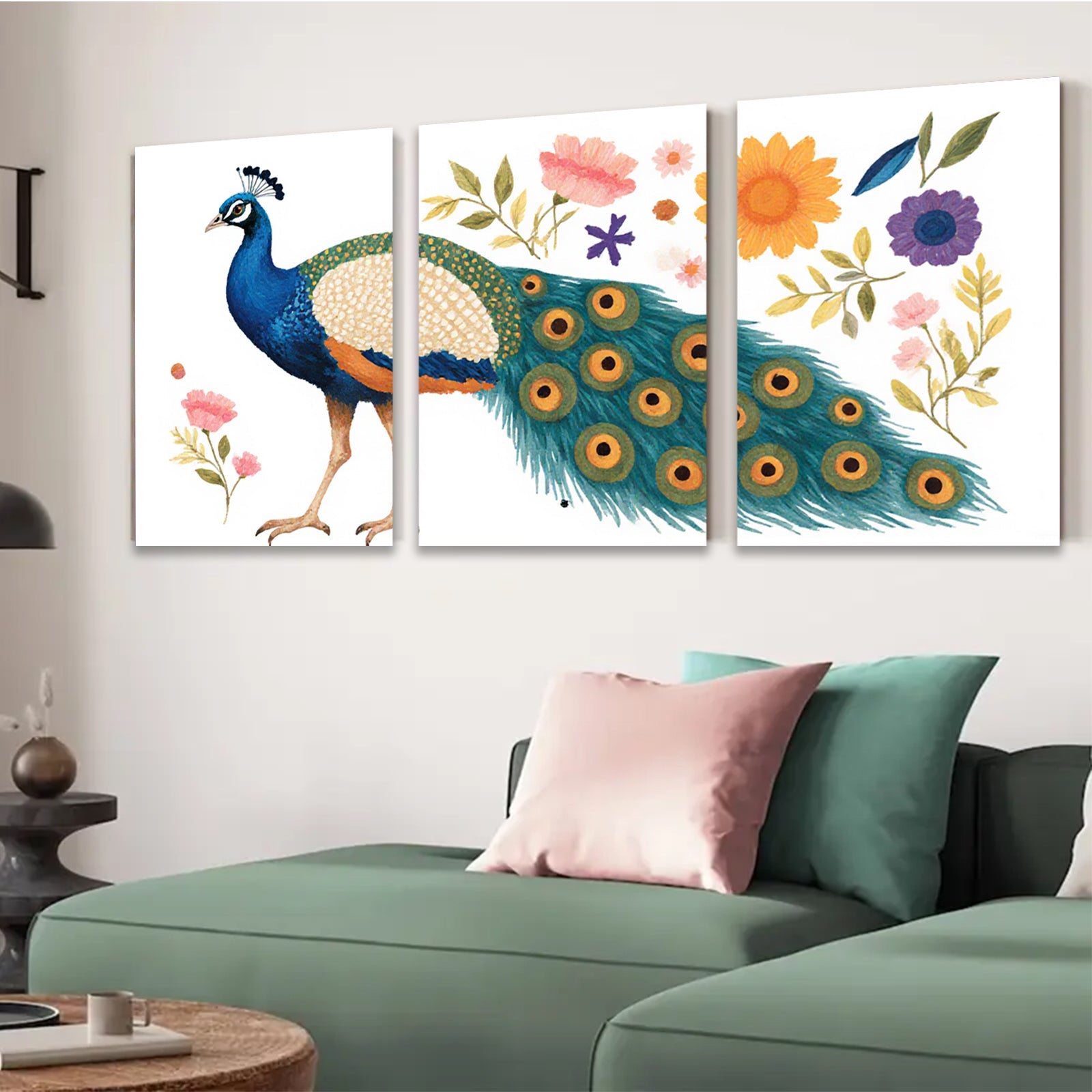 2D flat 1pc vibrant peacock botanical wall art canvas prints for living room bedroom home decor farmhouse style gallery wrapped ready to hang