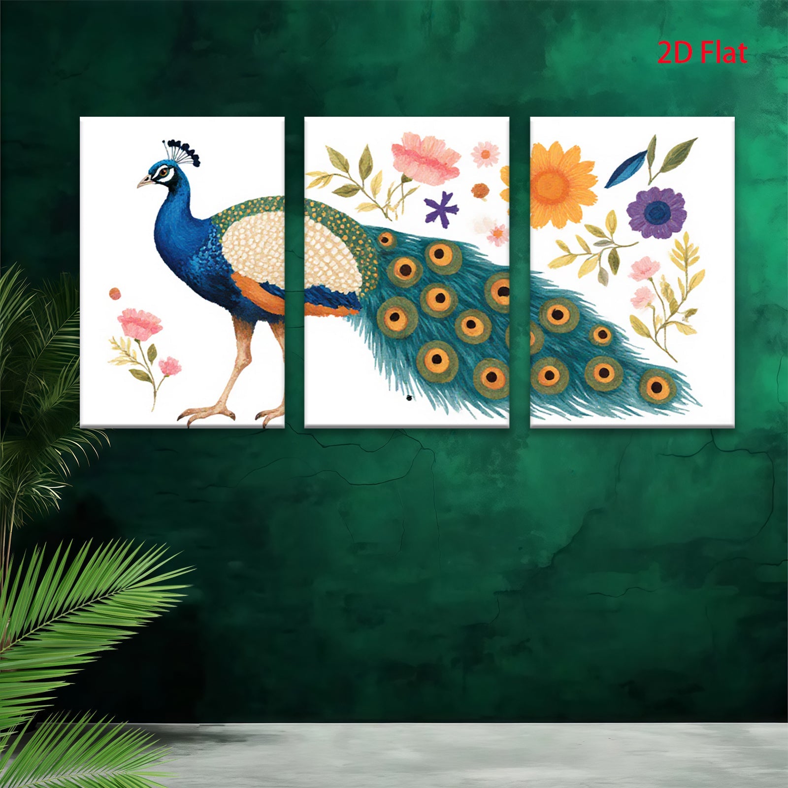 2D flat 1pc vibrant peacock botanical wall art canvas prints for living room bedroom home decor farmhouse style gallery wrapped ready to hang