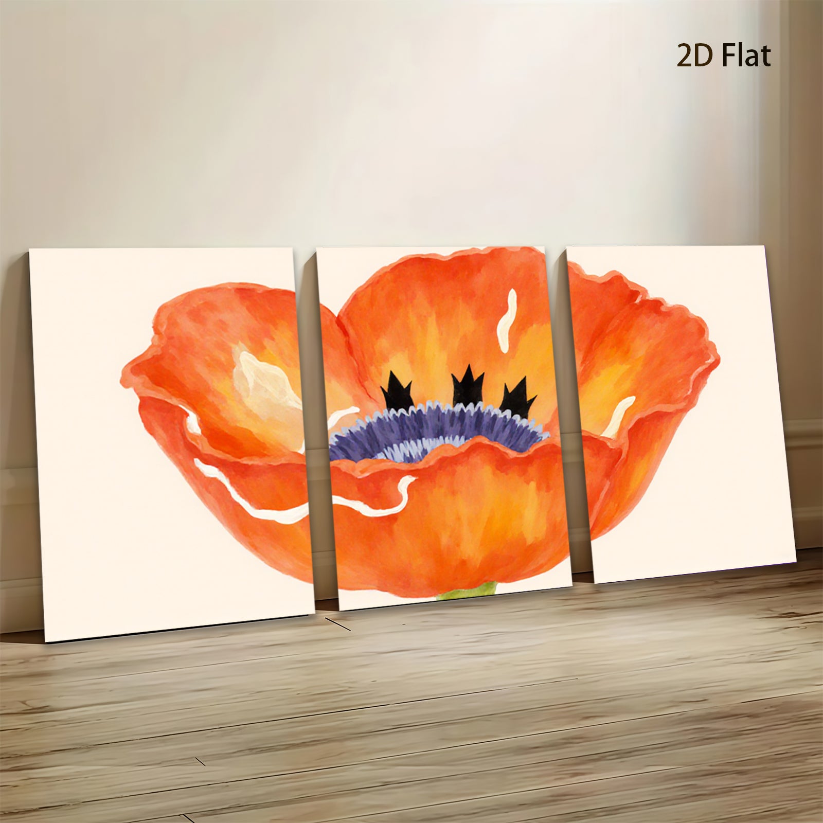 2D flat 1pc vibrant poppy bloom botanical wall art farmhouse decor living room bedroom gallery wrapped canvas print modern floral accent piece