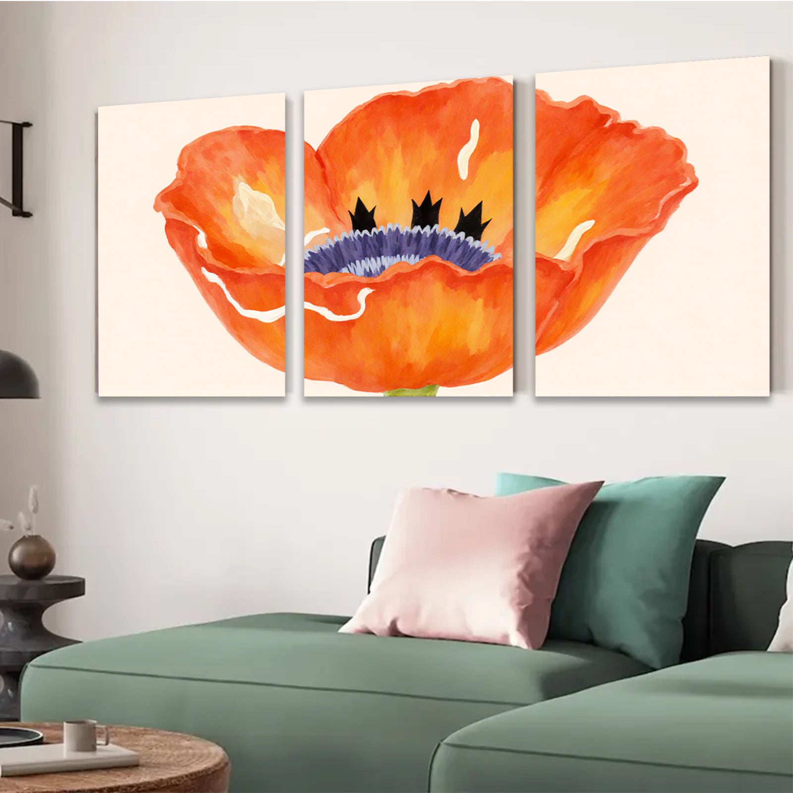 2D flat 1pc vibrant poppy bloom botanical wall art farmhouse decor living room bedroom gallery wrapped canvas print modern floral accent piece
