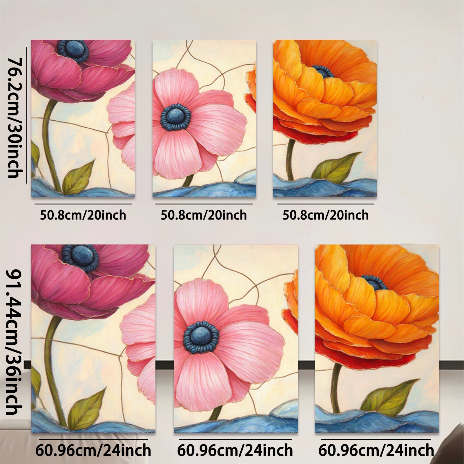 2D flat 1pc vibrant poppy blooms farmhouse wall art botanical floral prints gallery wrapped canvas living room bedroom decor modern minimalist style