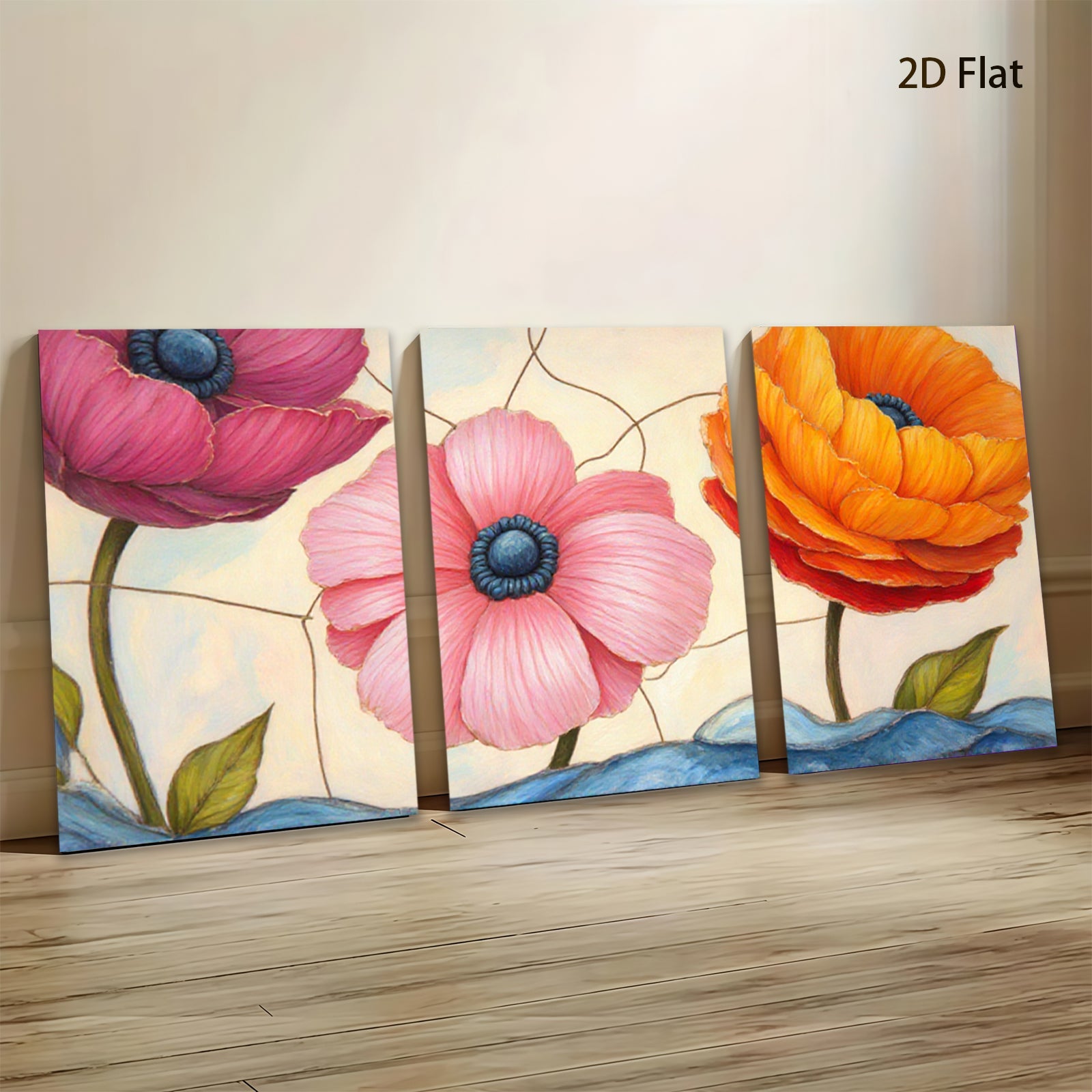2D flat 1pc vibrant poppy blooms farmhouse wall art botanical floral prints gallery wrapped canvas living room bedroom decor modern minimalist style