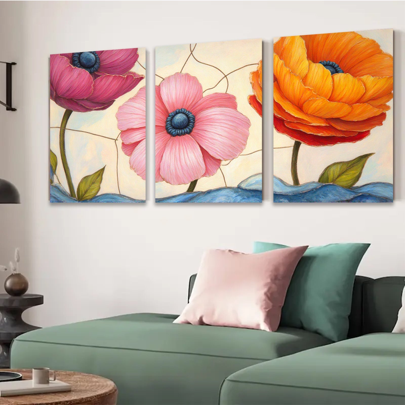 2D flat 1pc vibrant poppy blooms farmhouse wall art botanical floral prints gallery wrapped canvas living room bedroom decor modern minimalist style