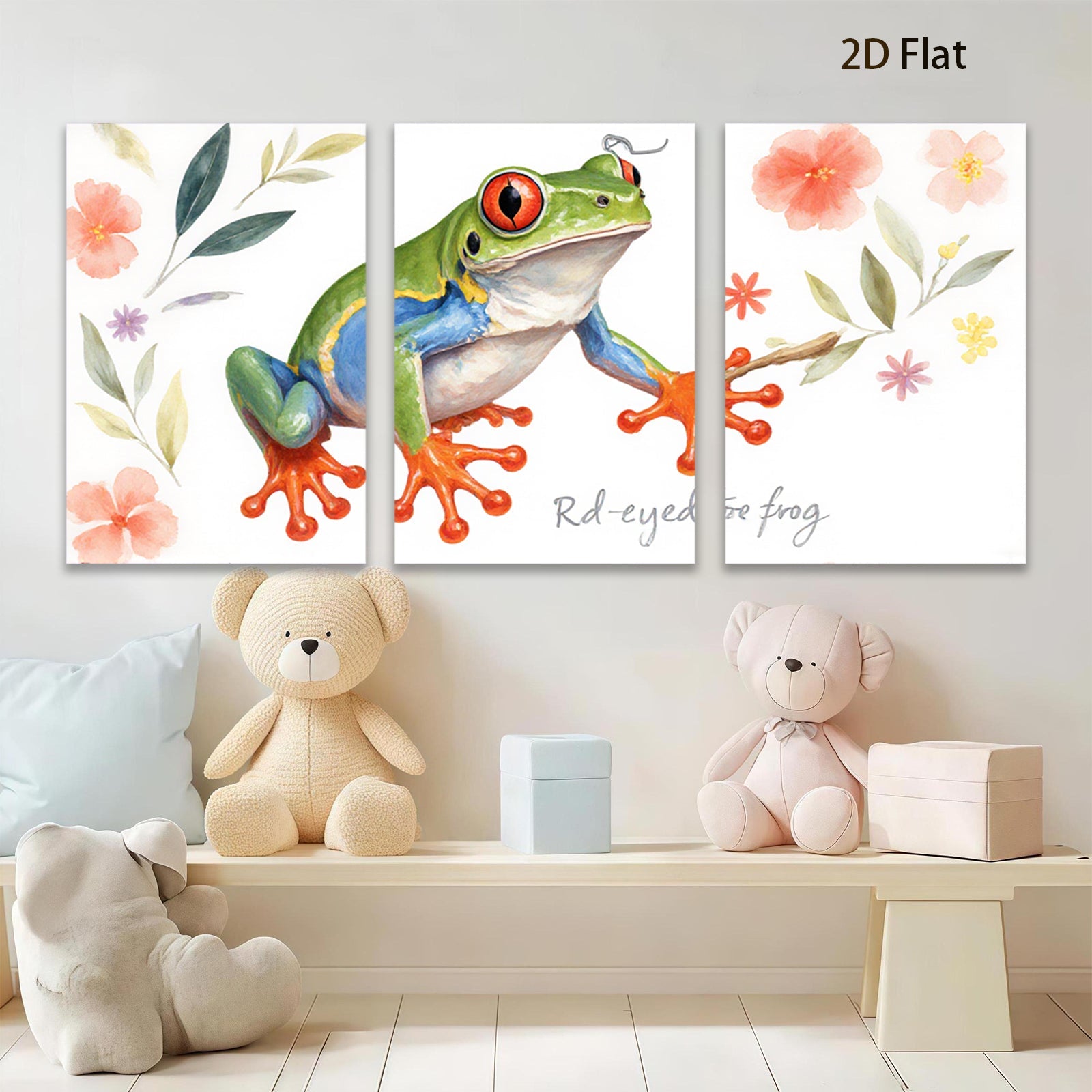 2D flat 1pc vibrant rainforest red eyed tree frog wall art canvas prints for living room bedroom gallery wrapped modern farmhouse decor botanical nature inspired