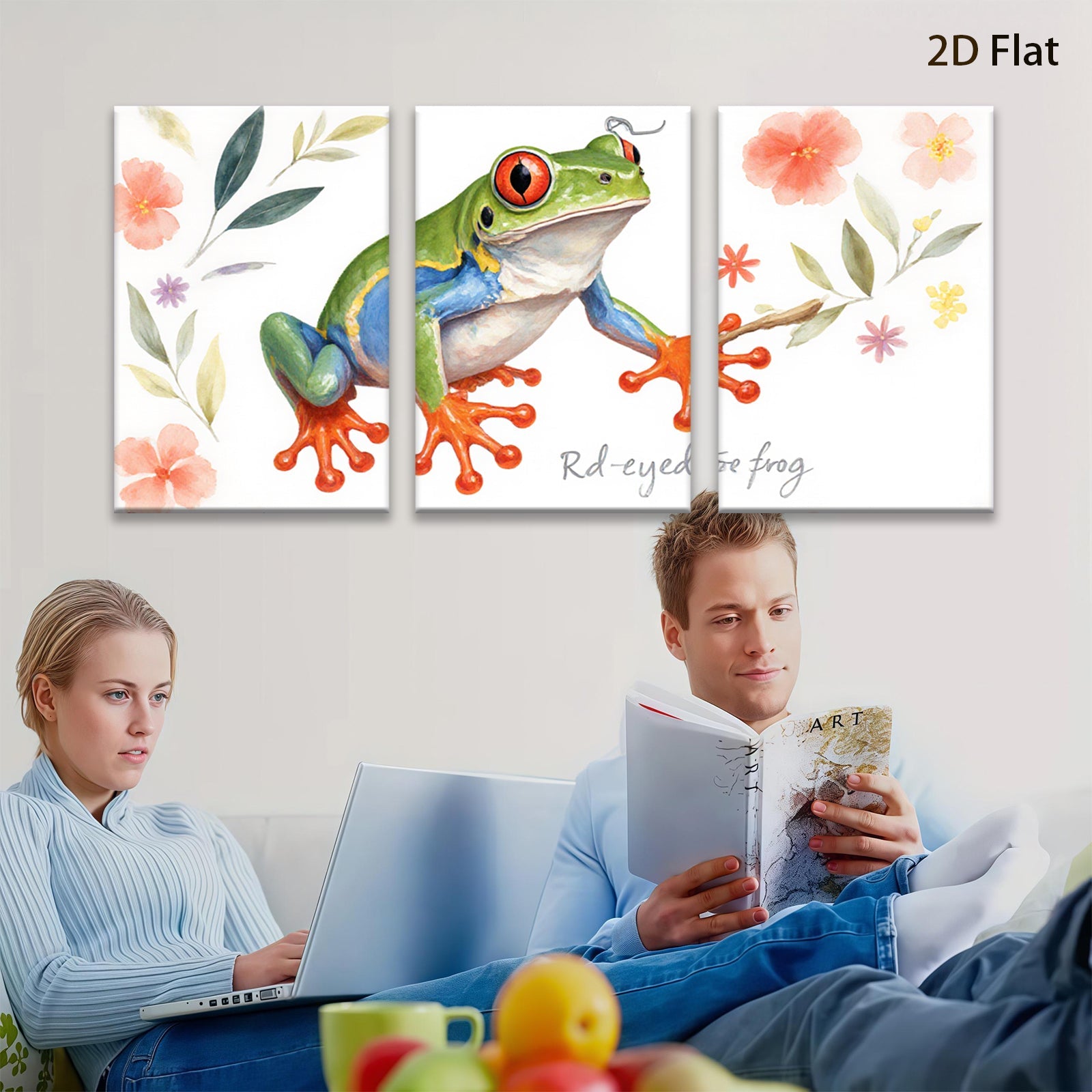 2D flat 1pc vibrant rainforest red eyed tree frog wall art canvas prints for living room bedroom gallery wrapped modern farmhouse decor botanical nature inspired
