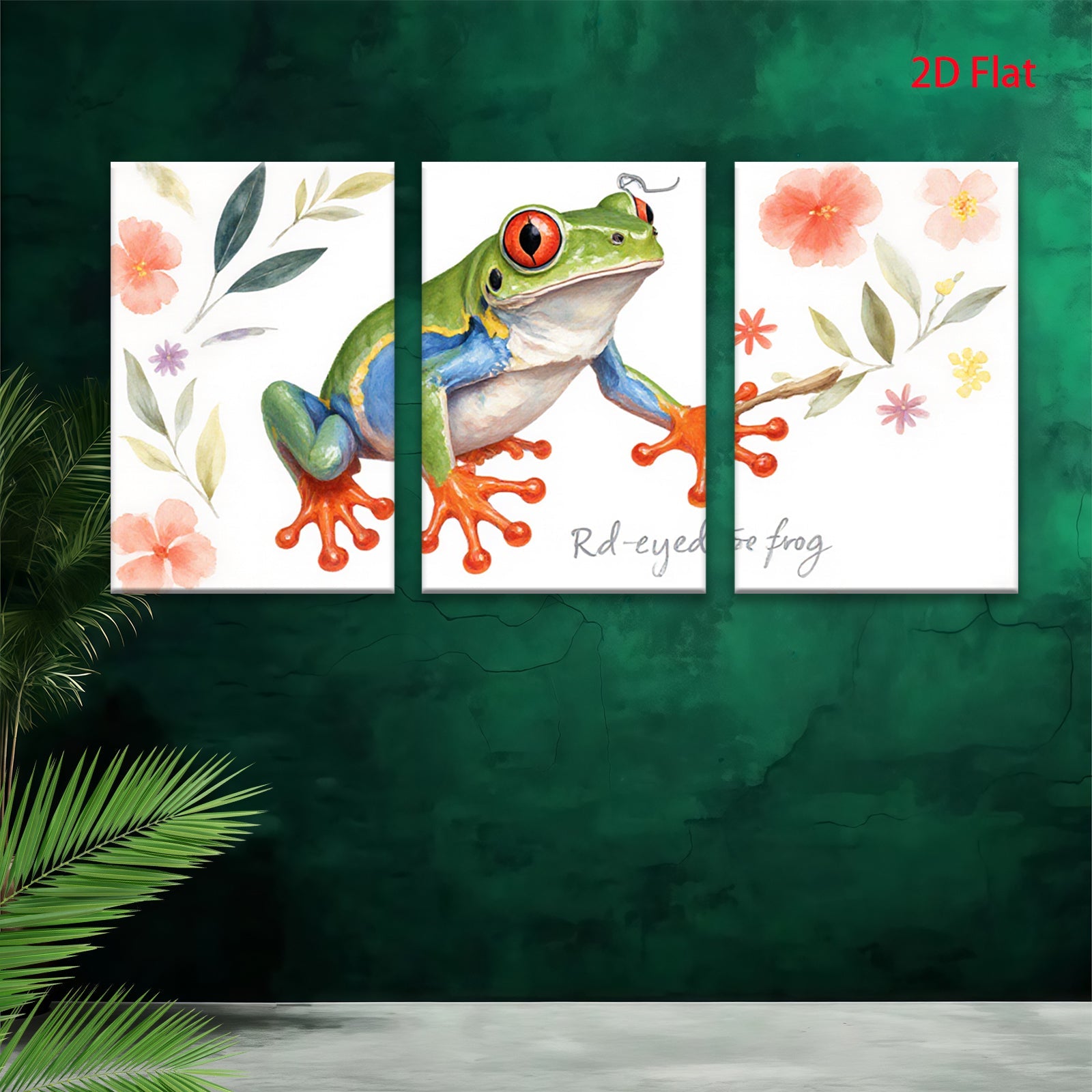 2D flat 1pc vibrant rainforest red eyed tree frog wall art canvas prints for living room bedroom gallery wrapped modern farmhouse decor botanical nature inspired