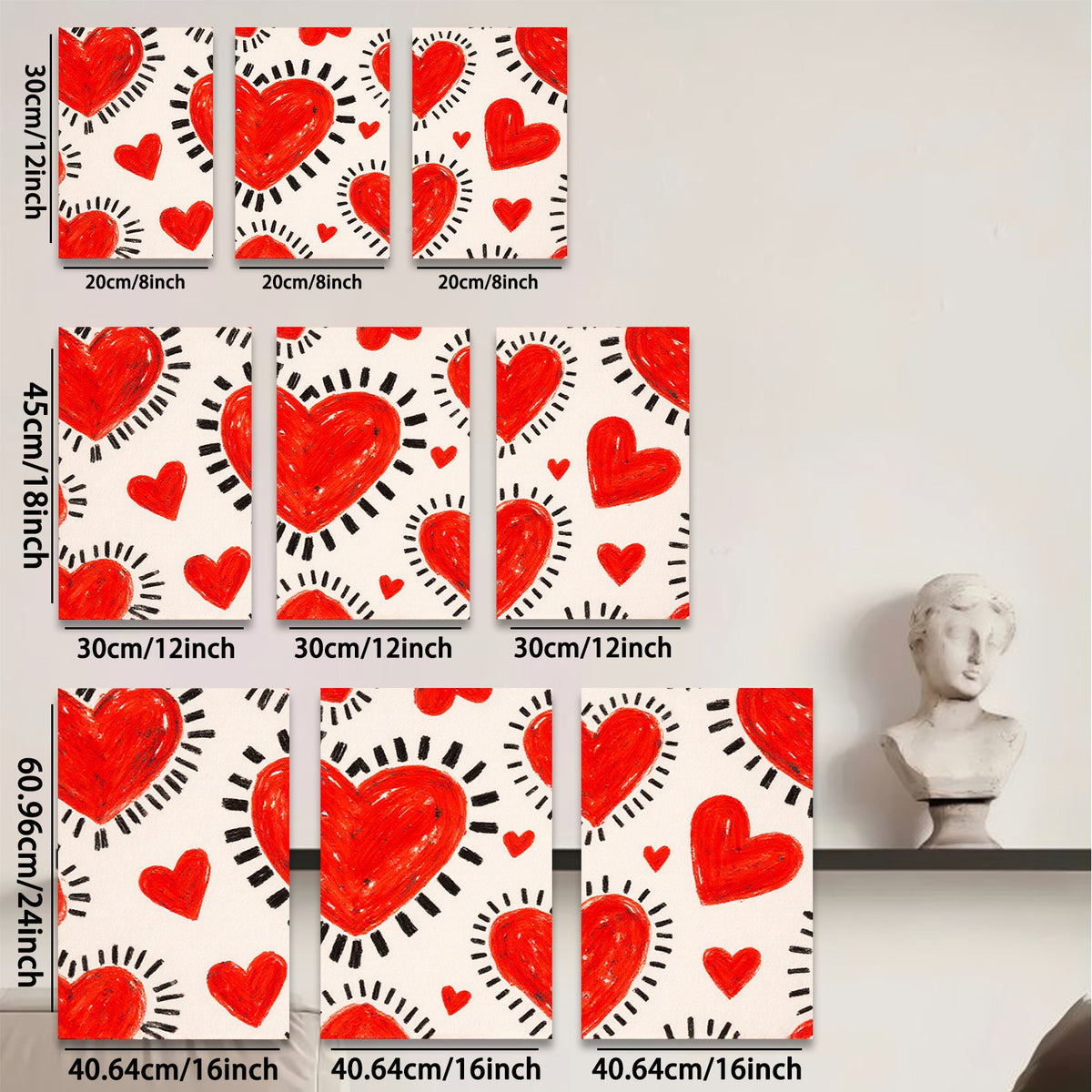 2D flat 1pc vibrant red heart pattern wall art canvas prints for bedroom living room decor farmhouse style modern aesthetic gallery wrapped