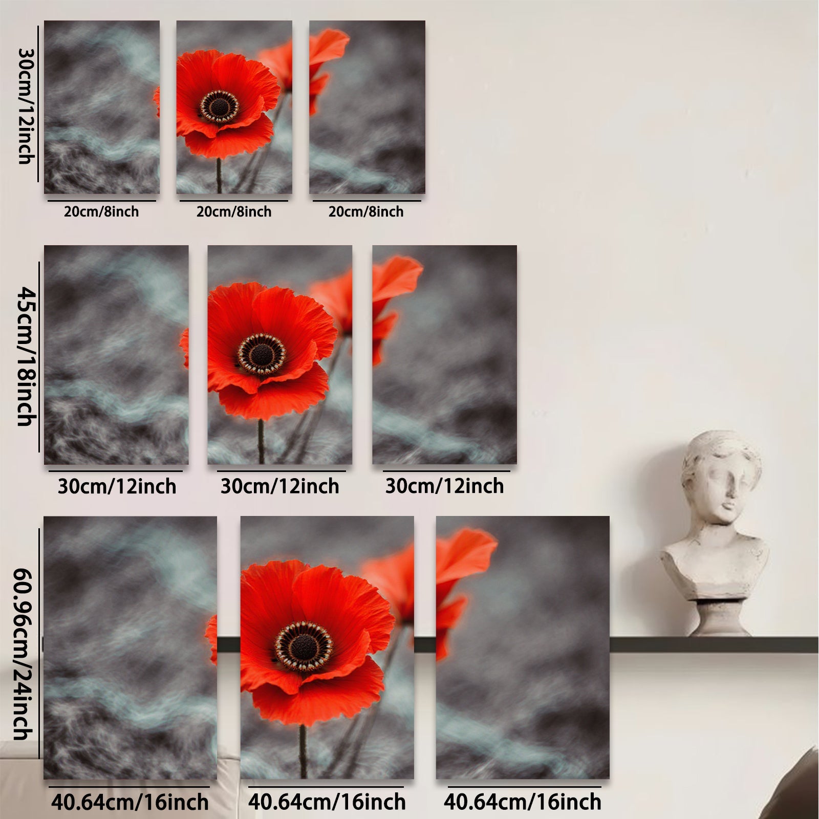 2D flat 1pc vibrant red poppy blooms against moody sky wall art for living room bedroom farmhouse decor modern minimalist botanical prints