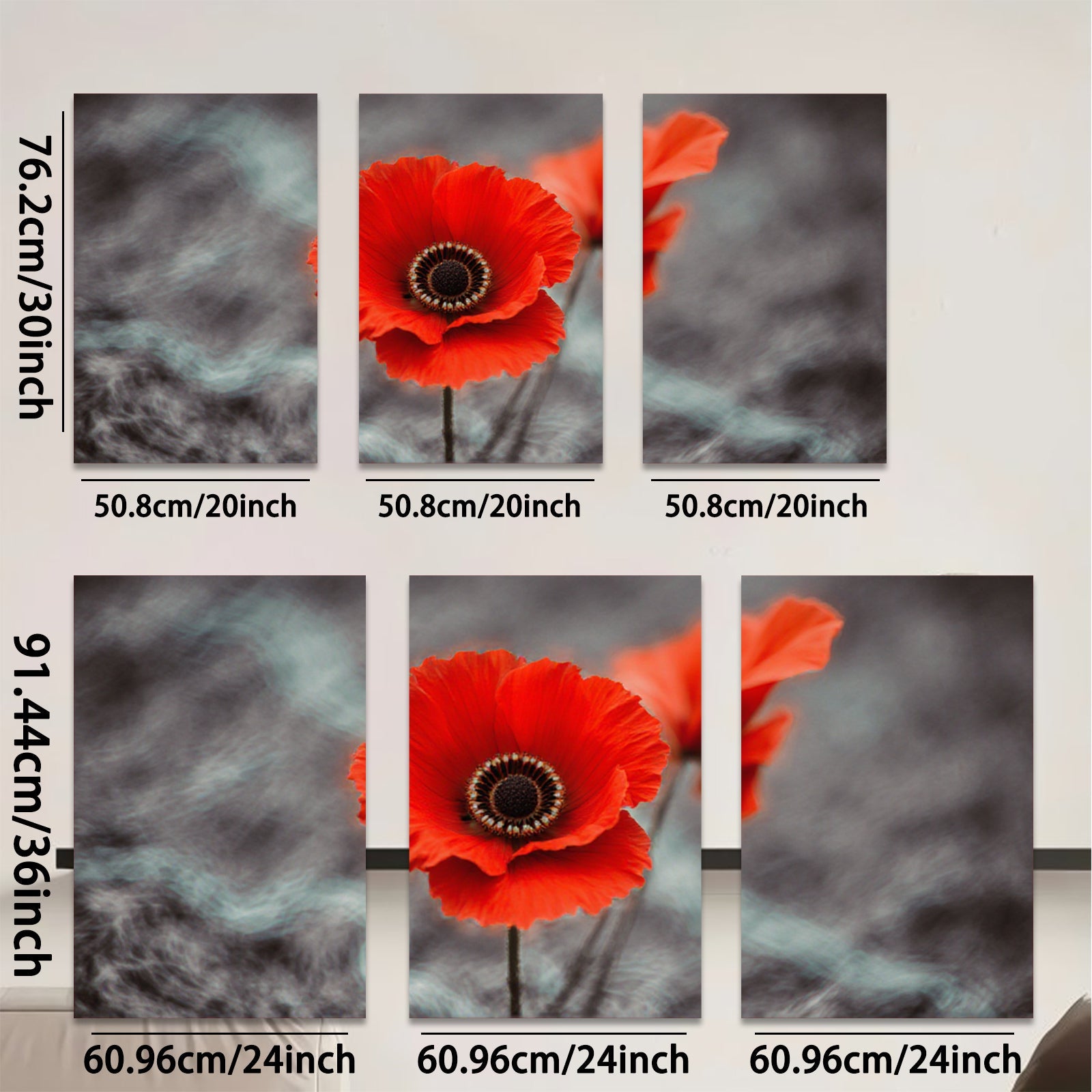 2D flat 1pc vibrant red poppy blooms against moody sky wall art for living room bedroom farmhouse decor modern minimalist botanical prints